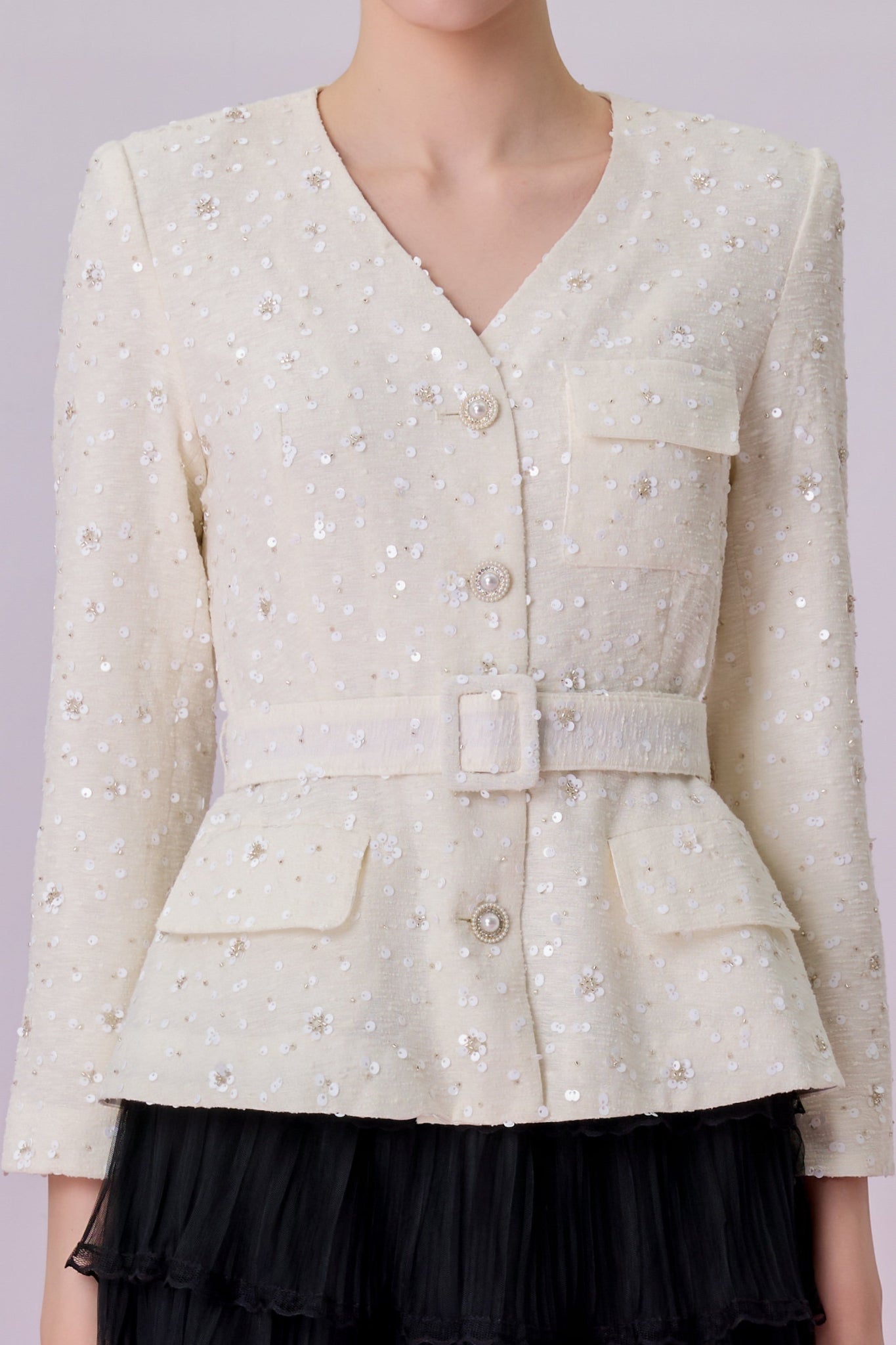 Kassandra Ivory Tweed With Embellishment Peplum Jacket