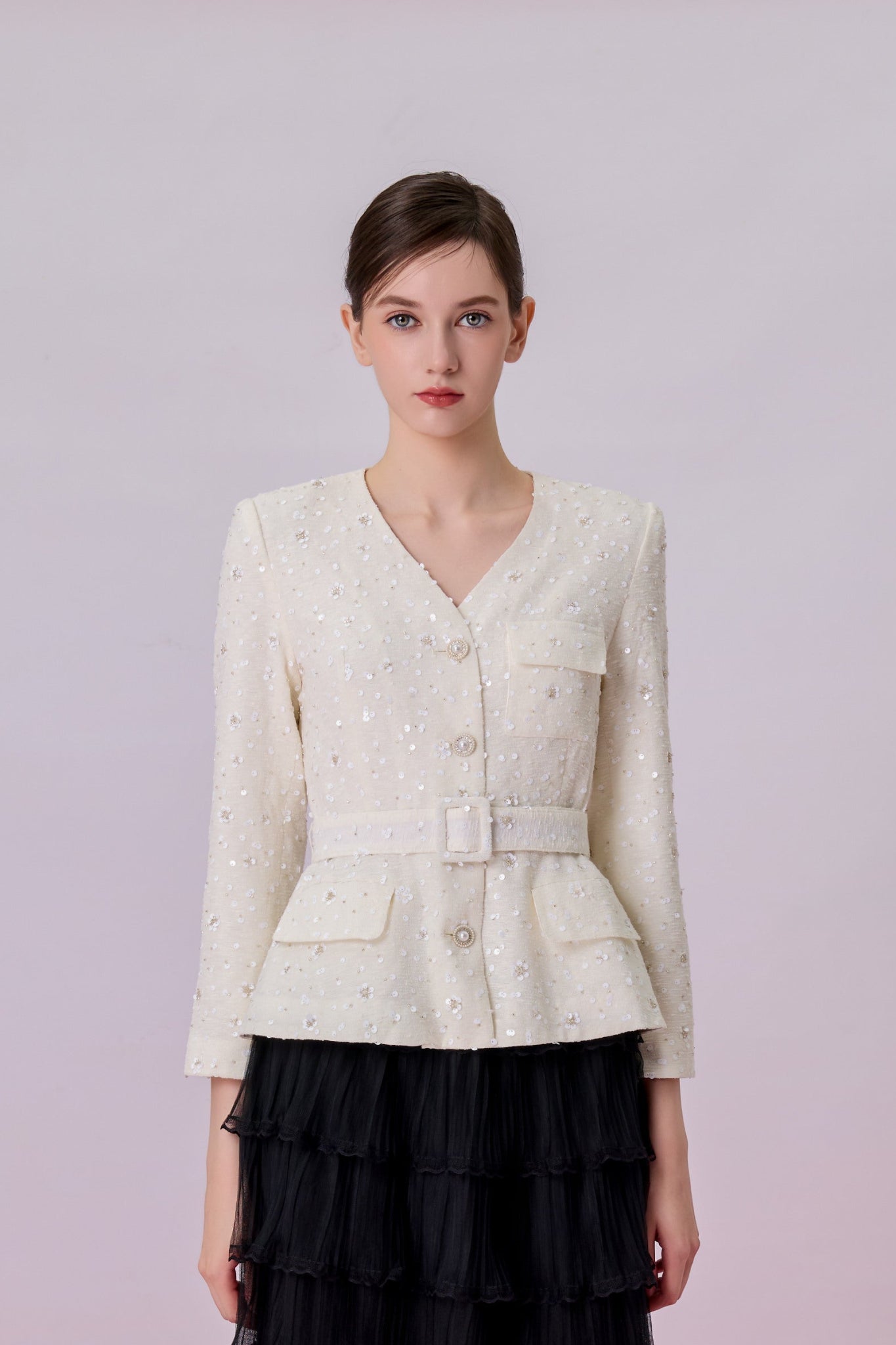 Kassandra Ivory Tweed With Embellishment Peplum Jacket - Nimisski
