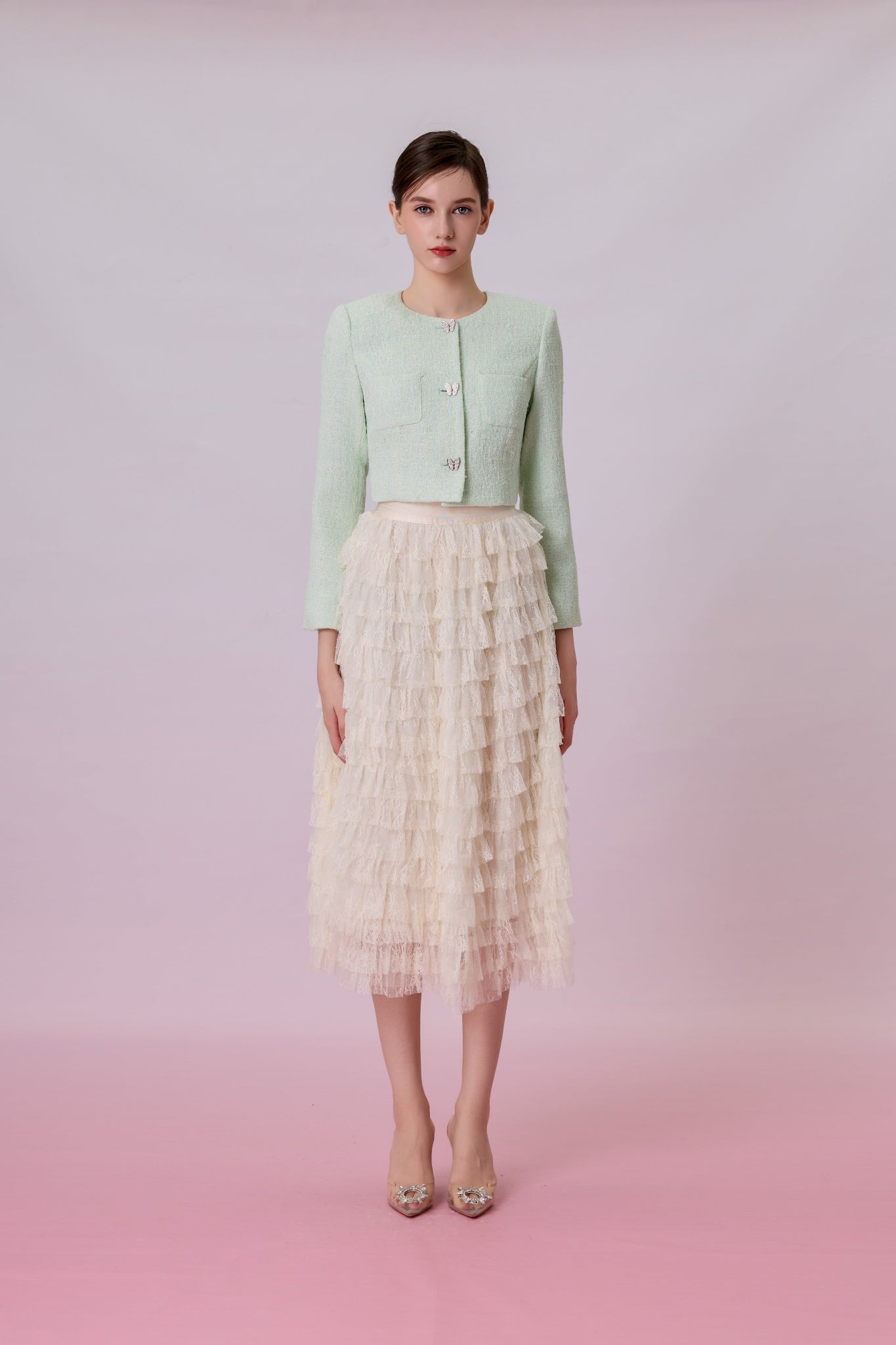 Kamilla Cream Tiered Ruffle Lace Maxi Skirt - Nimisski