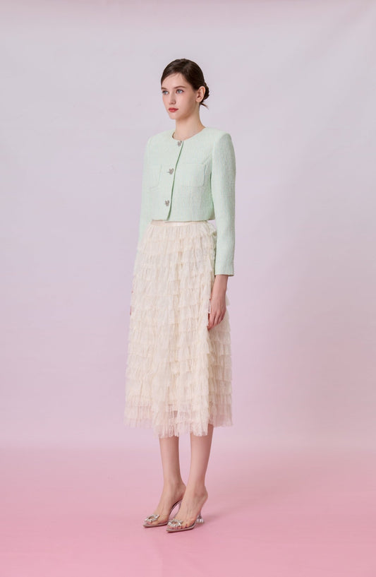 Kamilla Cream Tiered Ruffle Lace Maxi Skirt - Nimisski