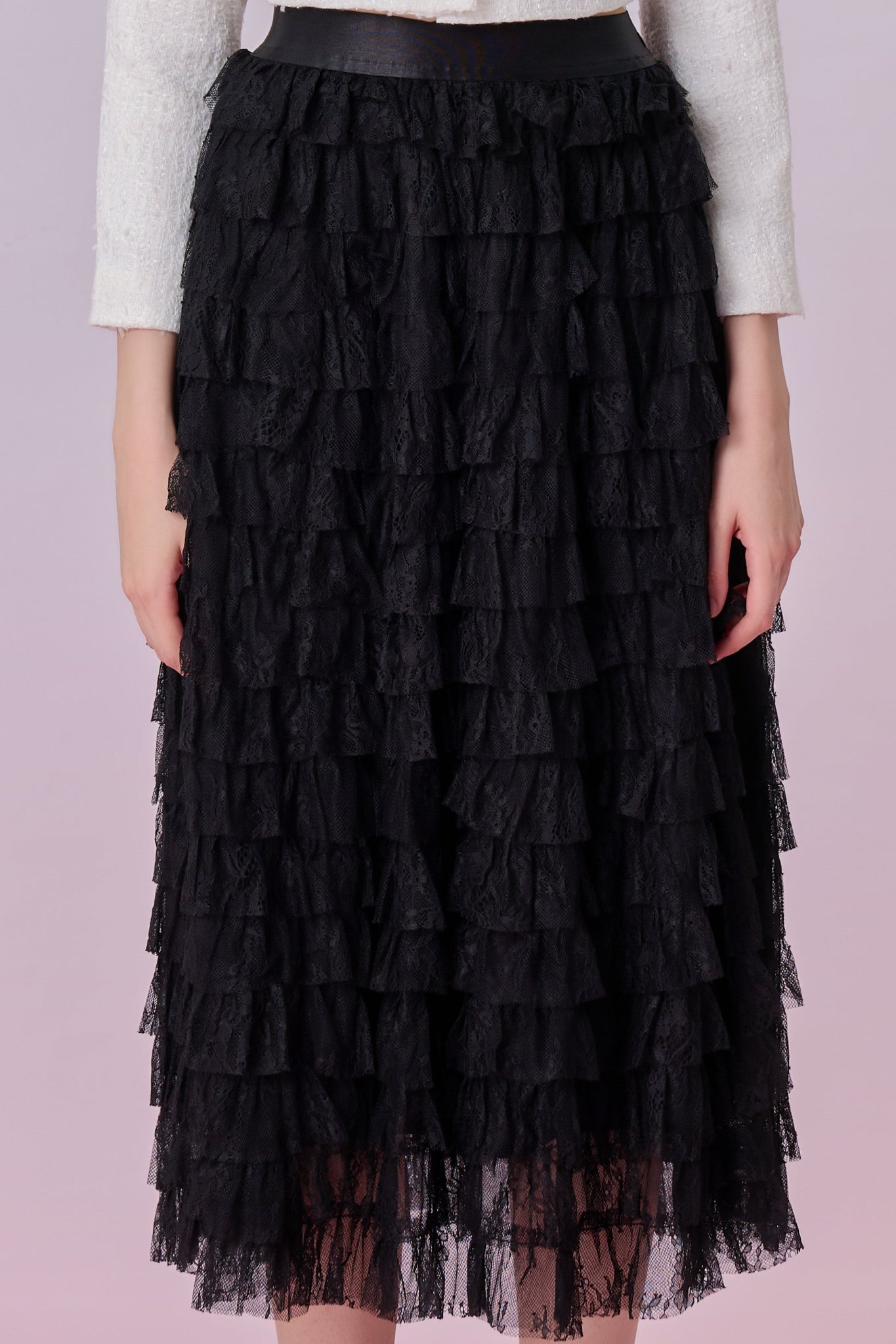Kamilla Black Tiered Ruffle Lace Maxi Skirt