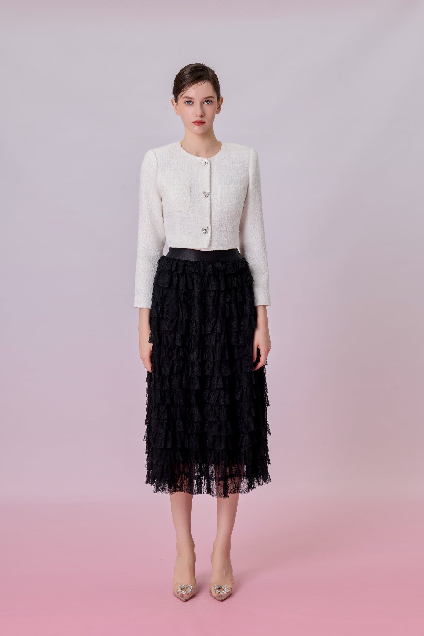 Kamilla Black Tiered Ruffle Lace Maxi Skirt
