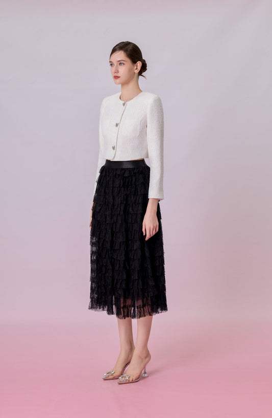 Kamilla Black Tiered Ruffle Lace Maxi Skirt - Nimisski