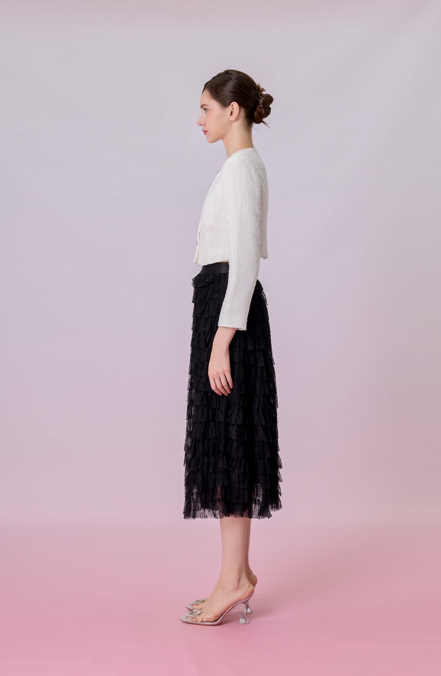 Kamilla Black Tiered Ruffle Lace Maxi Skirt