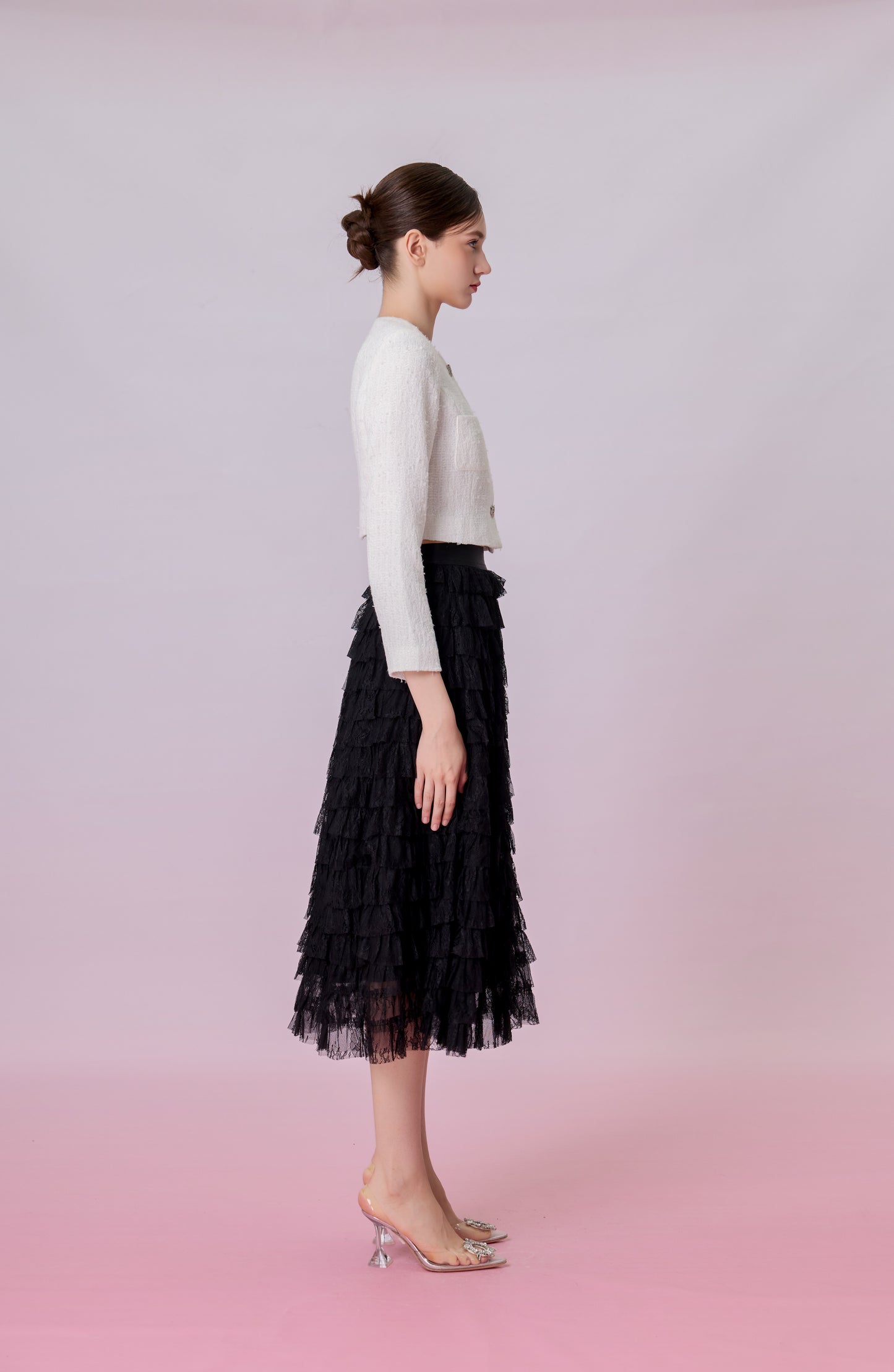Kamilla Black Tiered Ruffle Lace Maxi Skirt