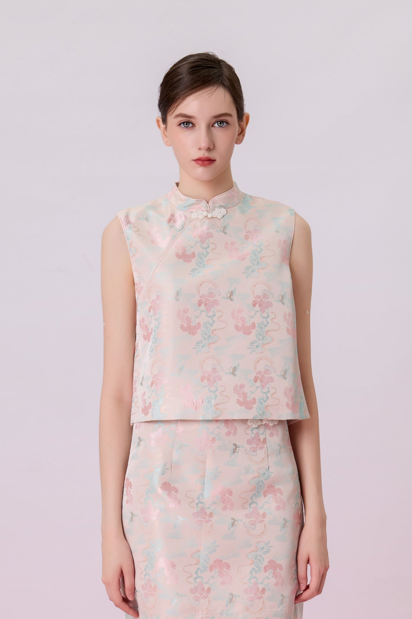 Keyla Floral Print In Blush Pink Jacquard Top - Nimisski
