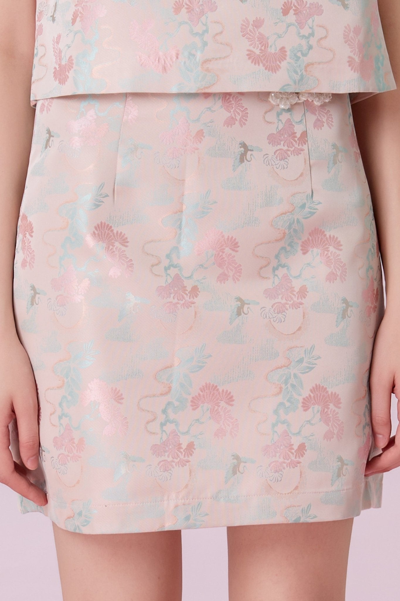 Keyla Floral Print In Blush Pink Jacquard Mini Skirt - Nimisski