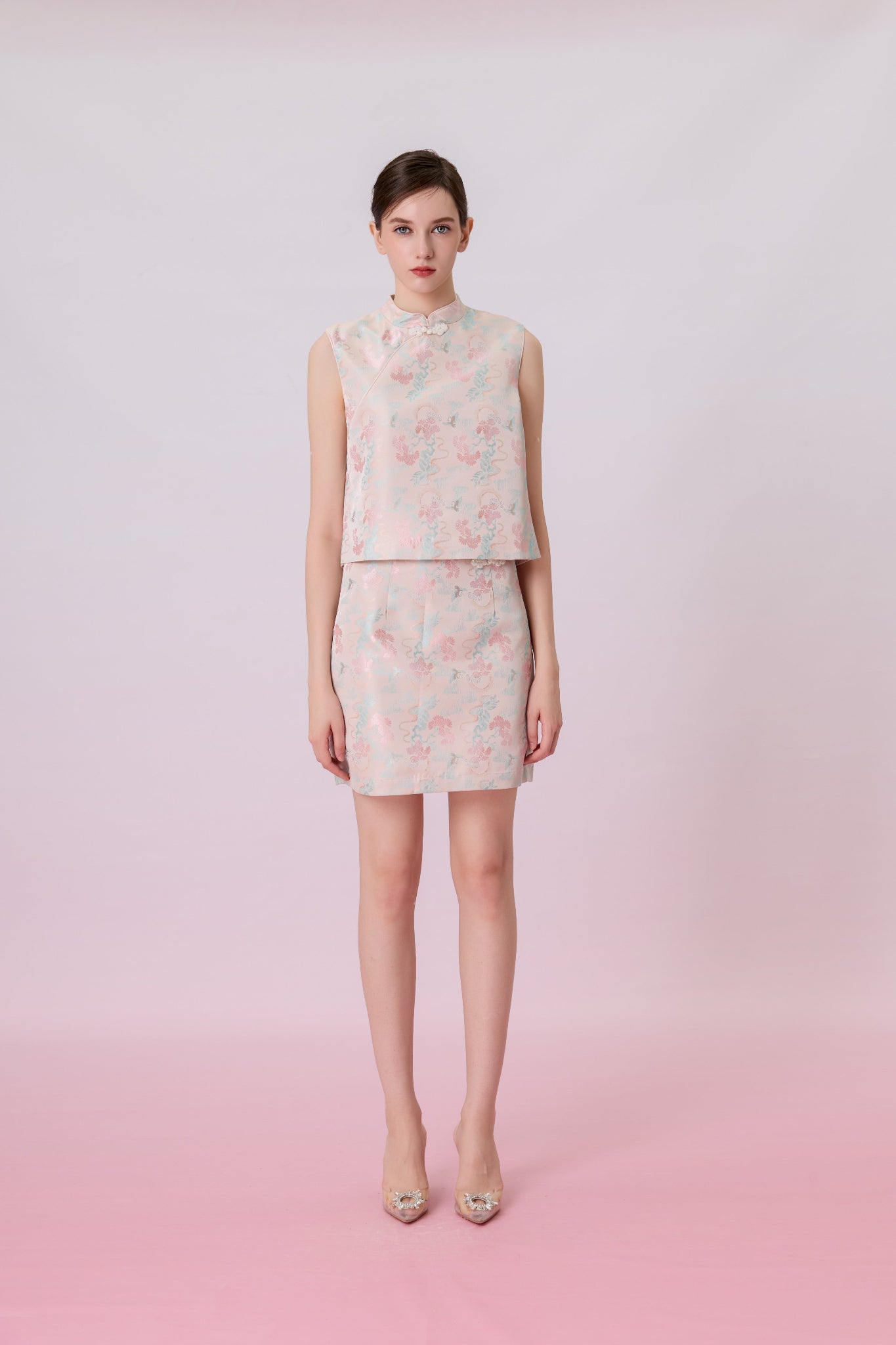 Keyla Floral Print In Blush Pink Jacquard Mini Skirt - Nimisski