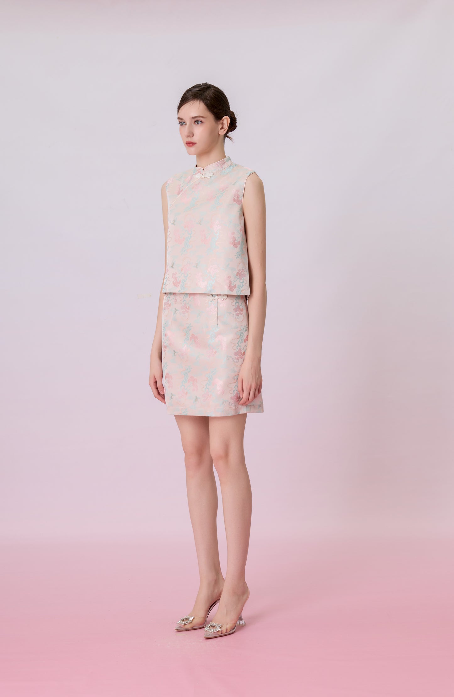 Keyla Floral Print In Blush Pink Jacquard Top