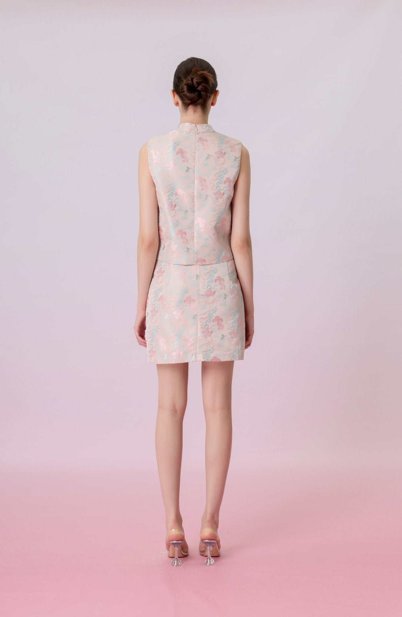 Keyla Floral Print In Blush Pink Jacquard Mini Skirt - Nimisski