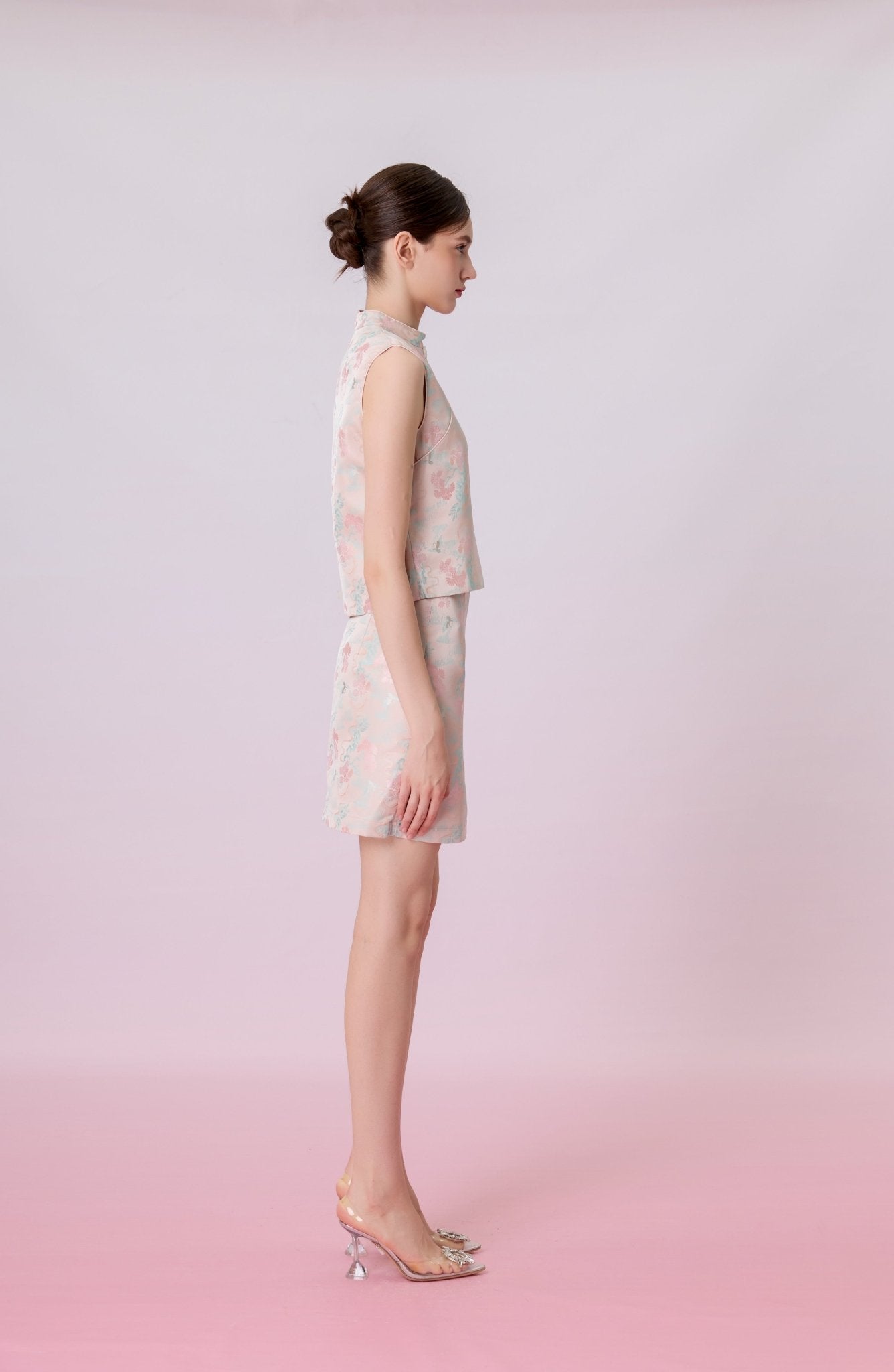 Keyla Floral Print In Blush Pink Jacquard Mini Skirt - Nimisski