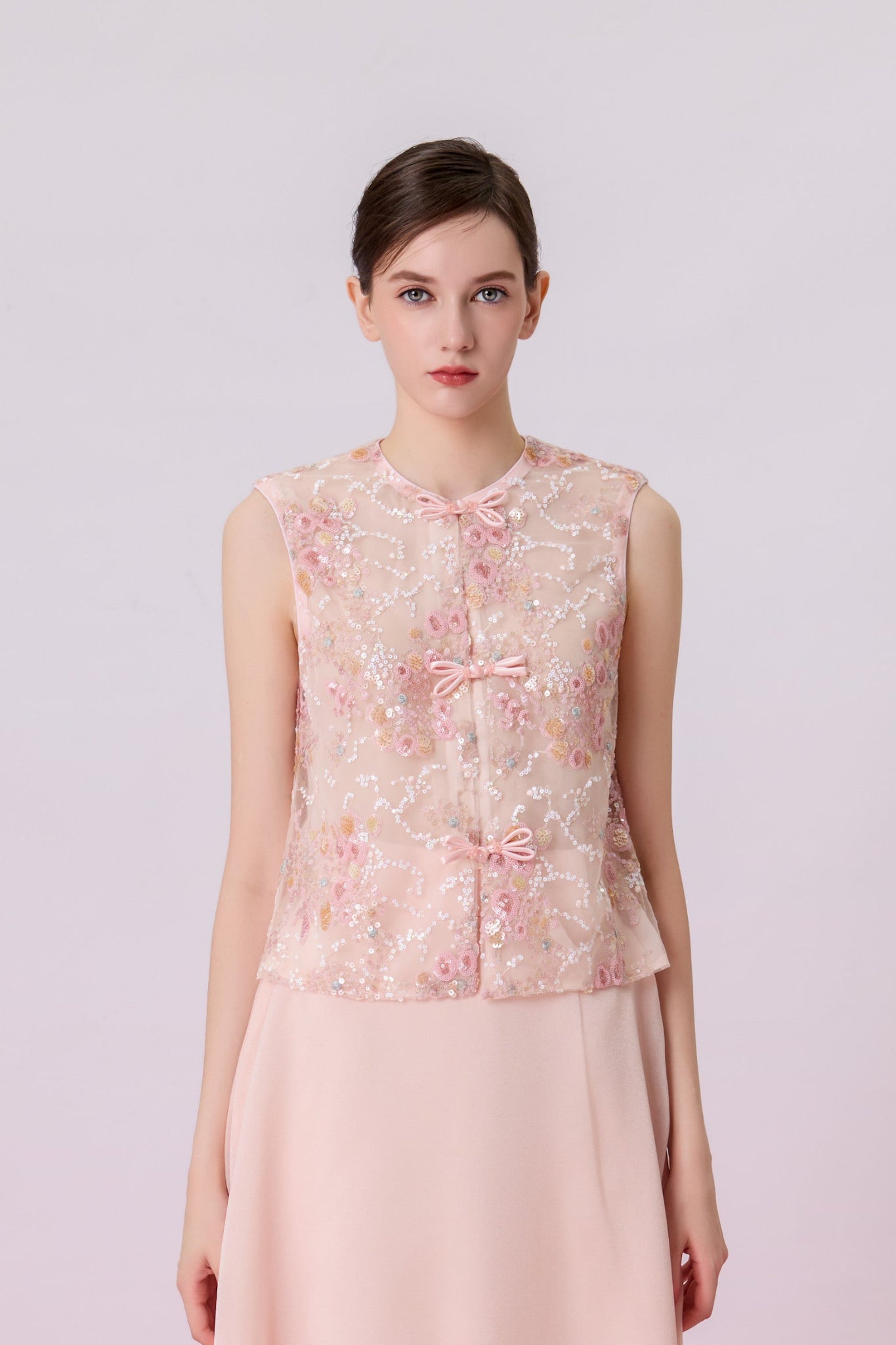 Kiera Light Pink Floral Sequins Cheongsam Top - Nimisski
