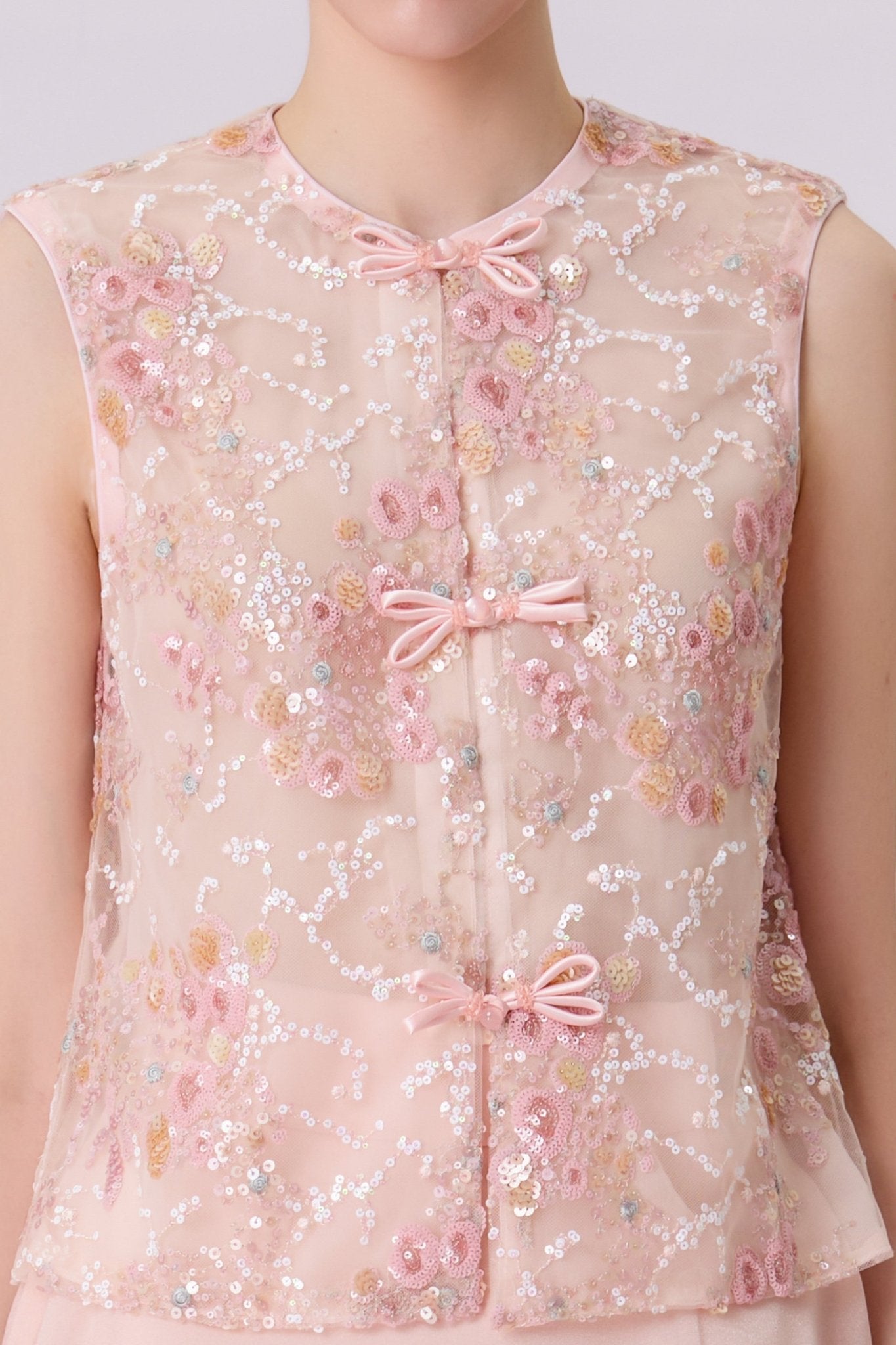 Kiera Light Pink Floral Sequins Cheongsam Top - Nimisski