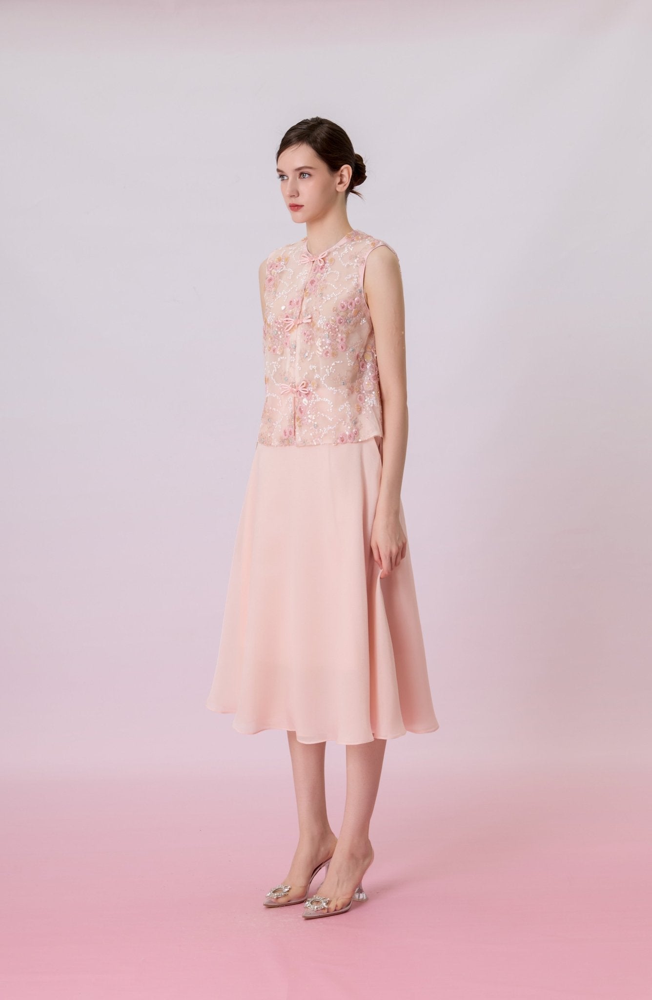 Kiera Light Pink Floral Sequins Cheongsam Top - Nimisski