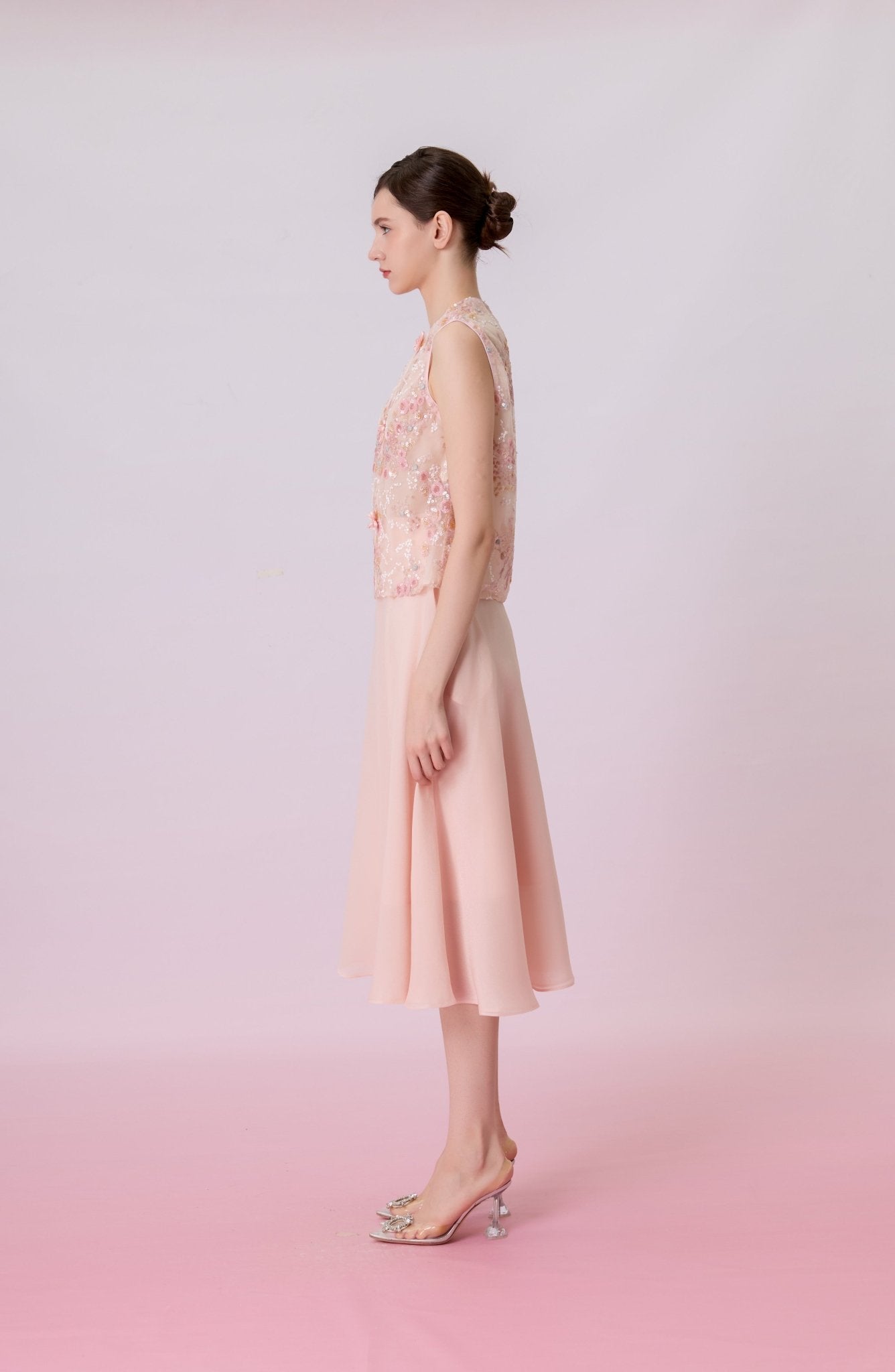 Kiera Light Pink Floral Sequins Cheongsam Top - Nimisski