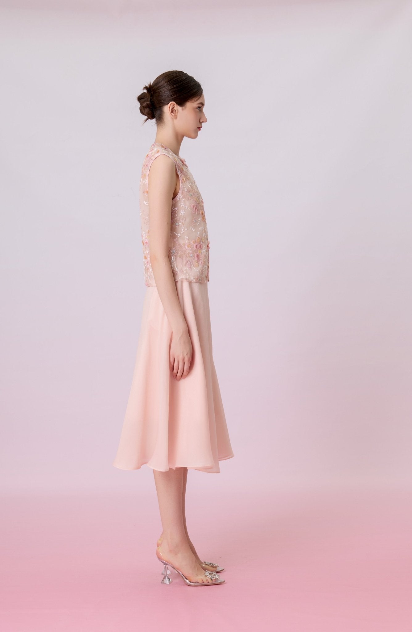 Kiera Light Pink Floral Sequins Cheongsam Top - Nimisski