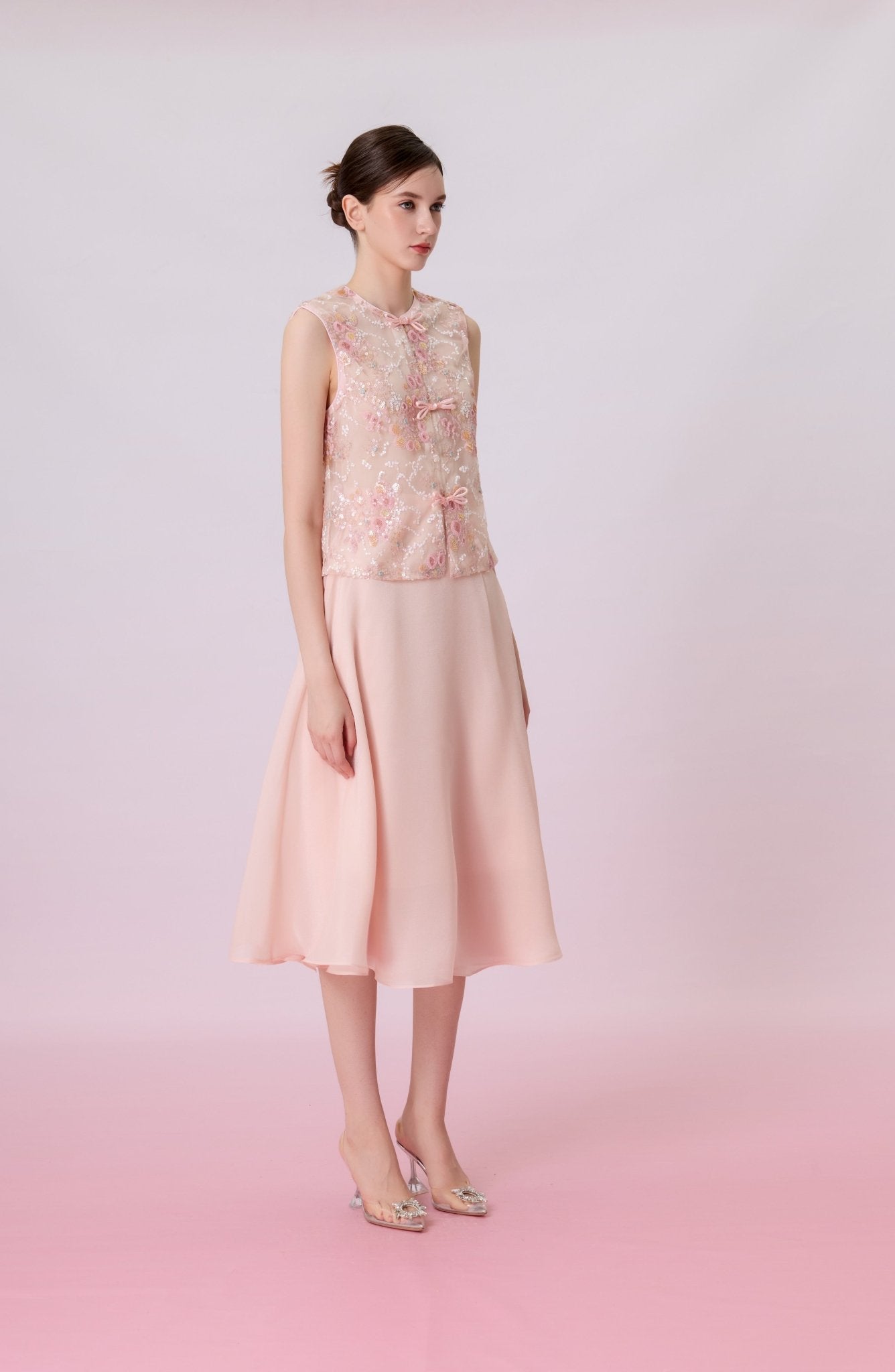 Kiera Light Pink Floral Sequins Cheongsam Top - Nimisski