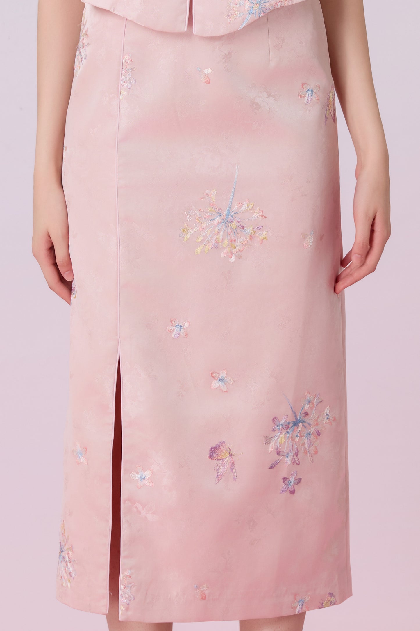 Jewel Blush Pink With Embroidery Midi Skirt