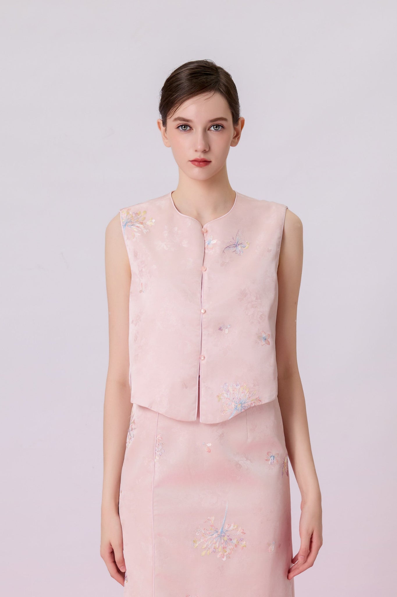 Jewel Blush Pink With Embroidery Modern Cheongsam Vest - Nimisski
