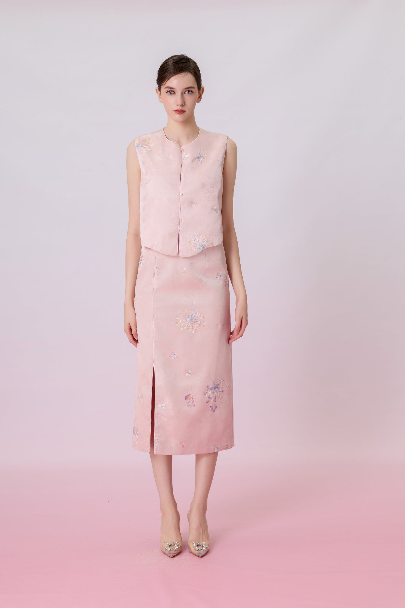 Jewel Blush Pink With Embroidery Midi Skirt - Nimisski