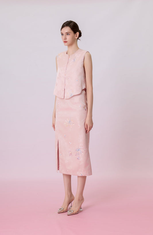 Jewel Blush Pink With Embroidery Midi Skirt - Nimisski