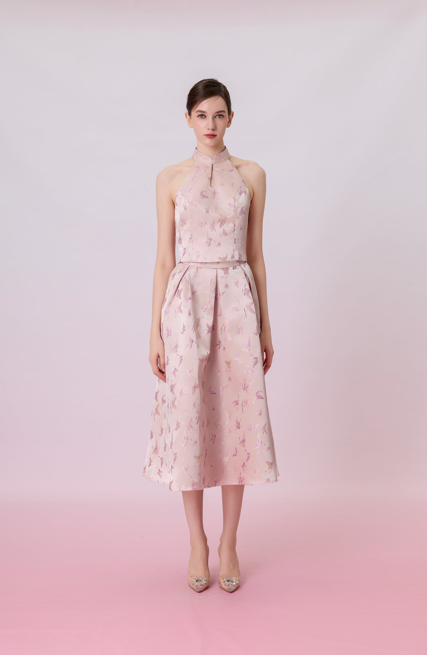 Gizella Dusty Pink Jacquard With Woven Butterfly Halter Top