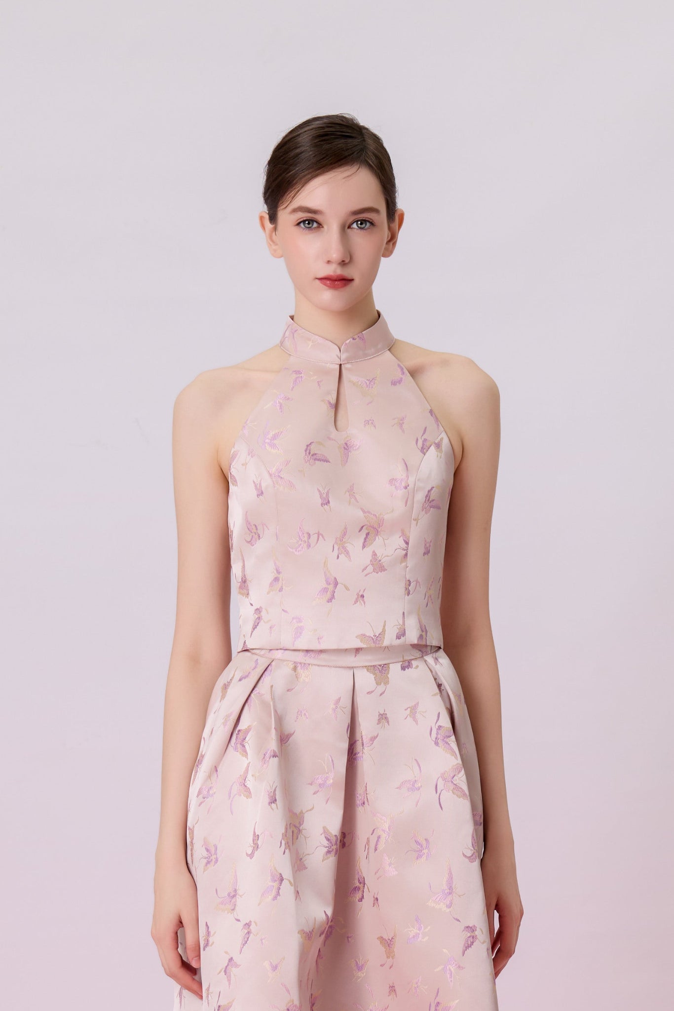 Gizella Dusty Pink Jacquard With Woven Butterfly Halter Top - Nimisski