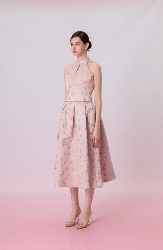 Gizella Dusty Pink Jacquard With Woven Butterfly Pleated Skirt - Nimisski