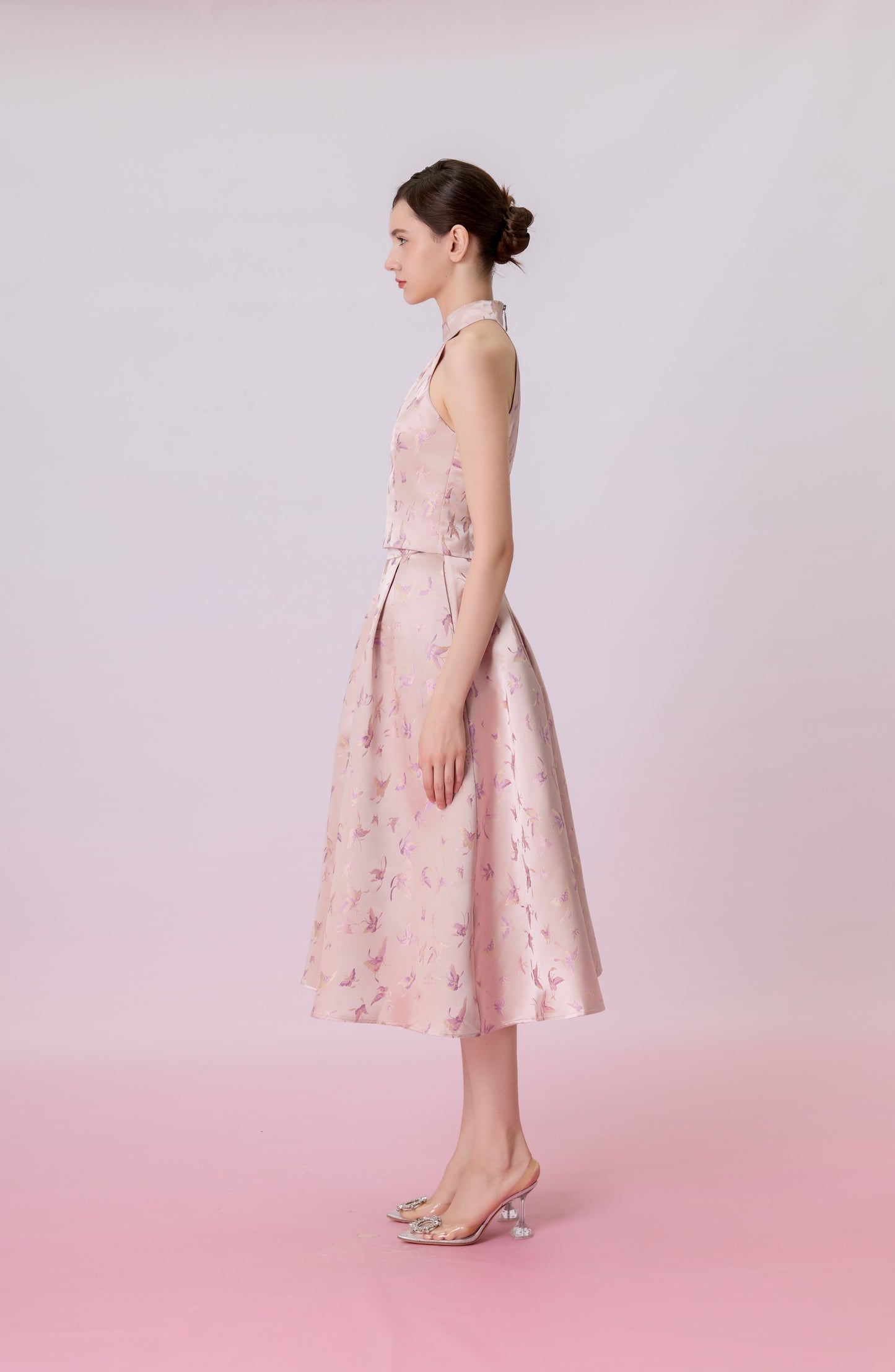 Gizella Dusty Pink Jacquard With Woven Butterfly Pleated Skirt