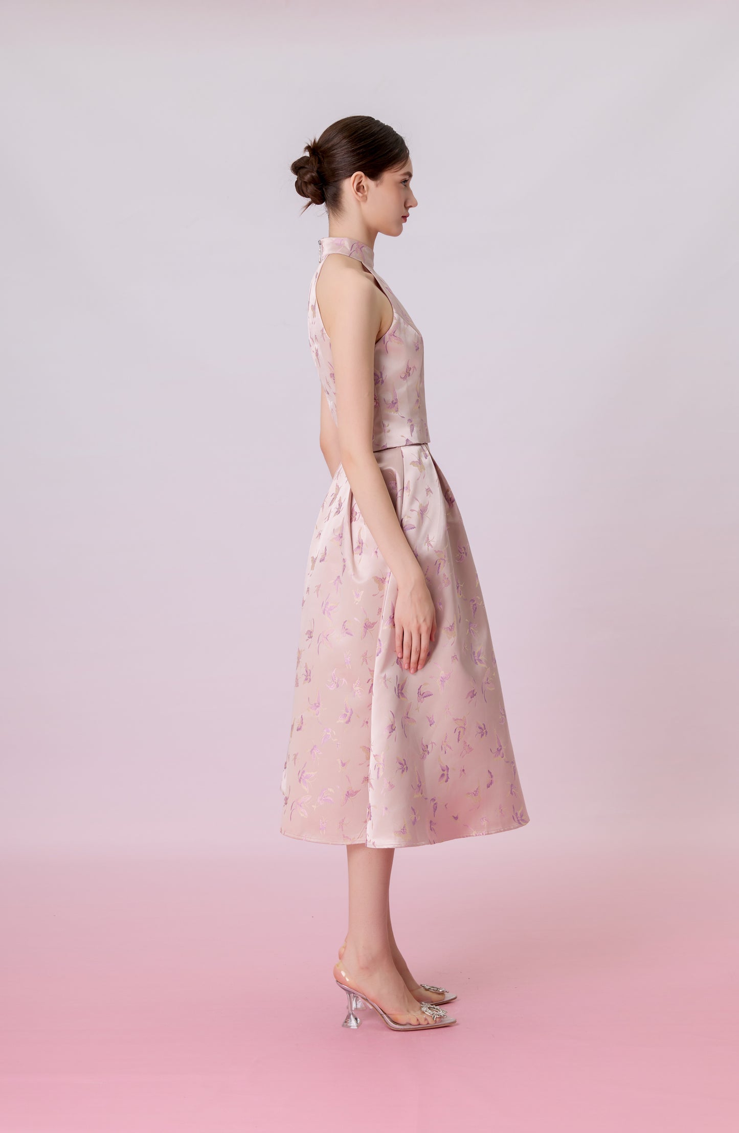 Gizella Dusty Pink Jacquard With Woven Butterfly Halter Top