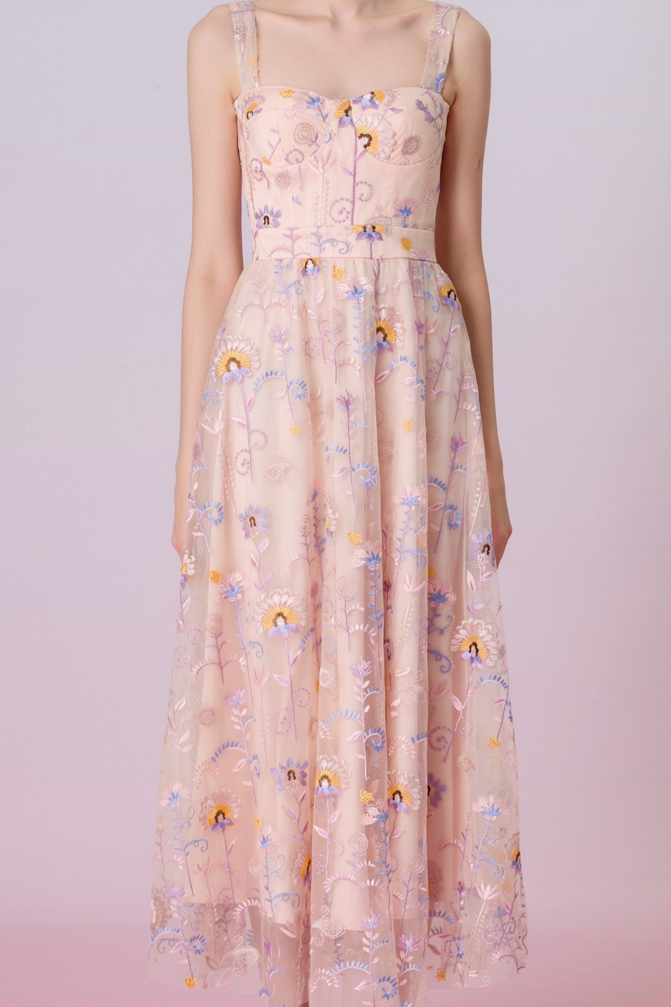 Fiorella Pink Floral Embroidered Tulle Maxi Dress
