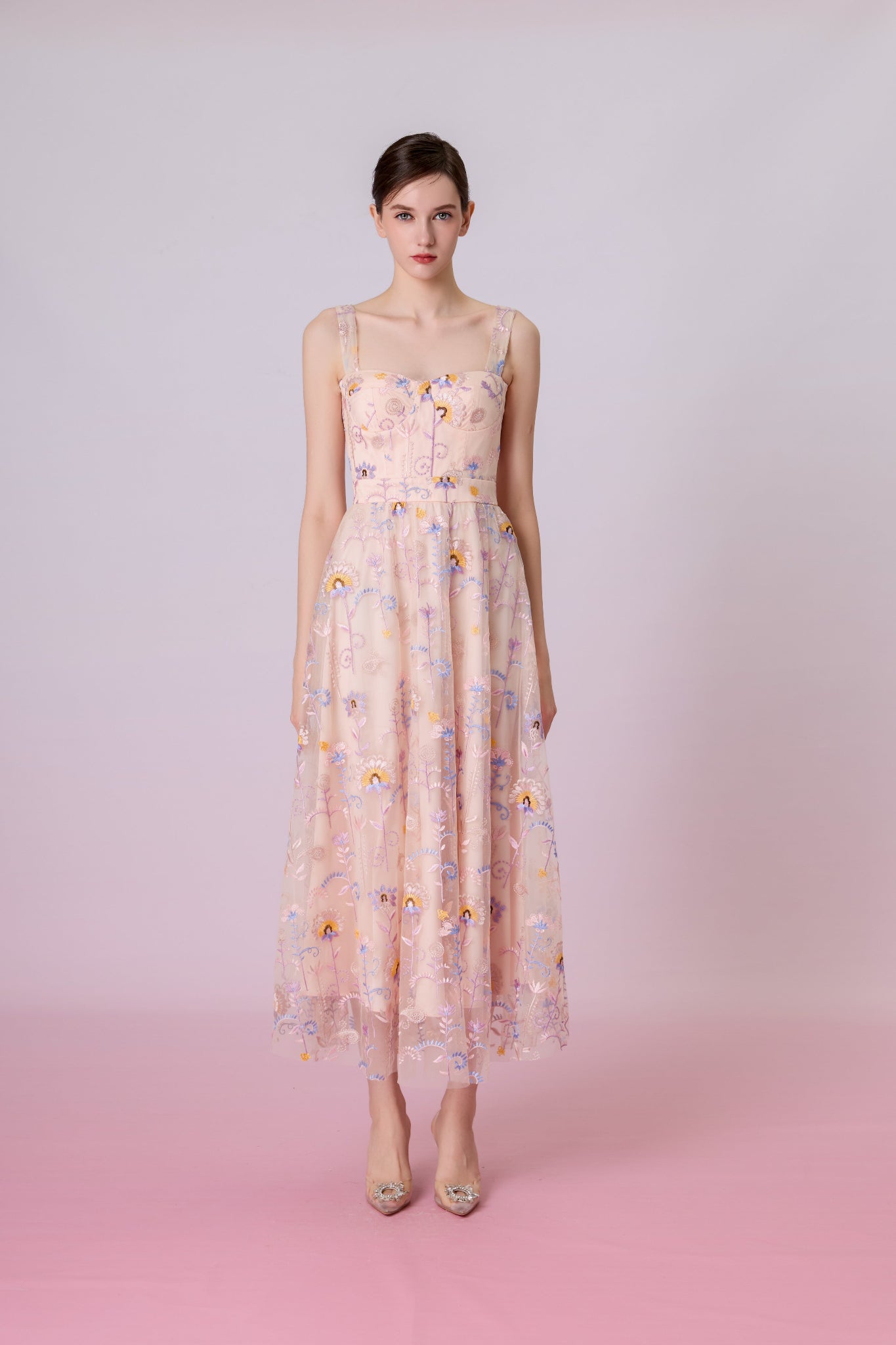Fiorella Pink Floral Embroidered Tulle Maxi Dress