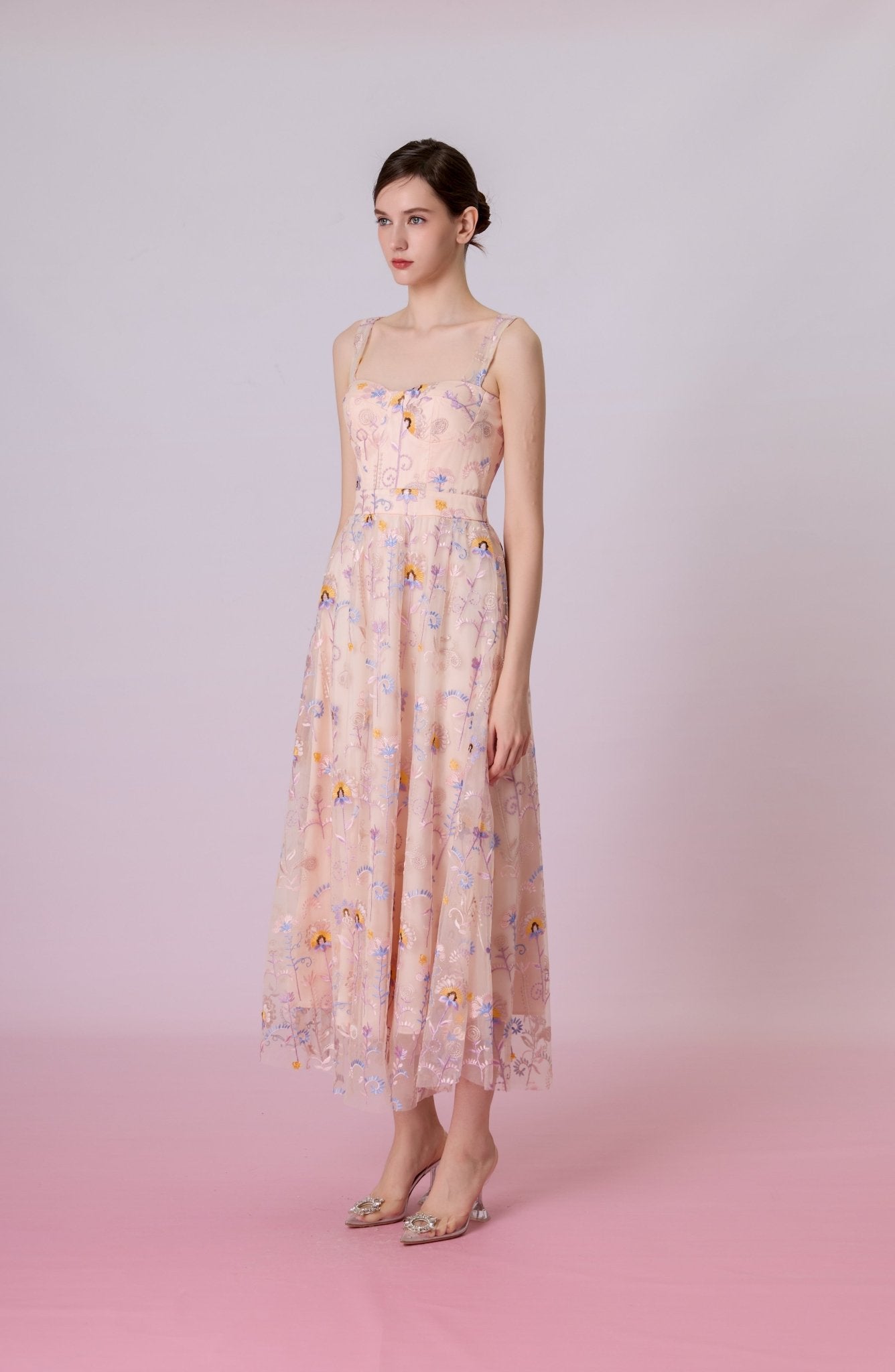 Fiorella Pink Floral Embroidered Tulle Maxi Dress