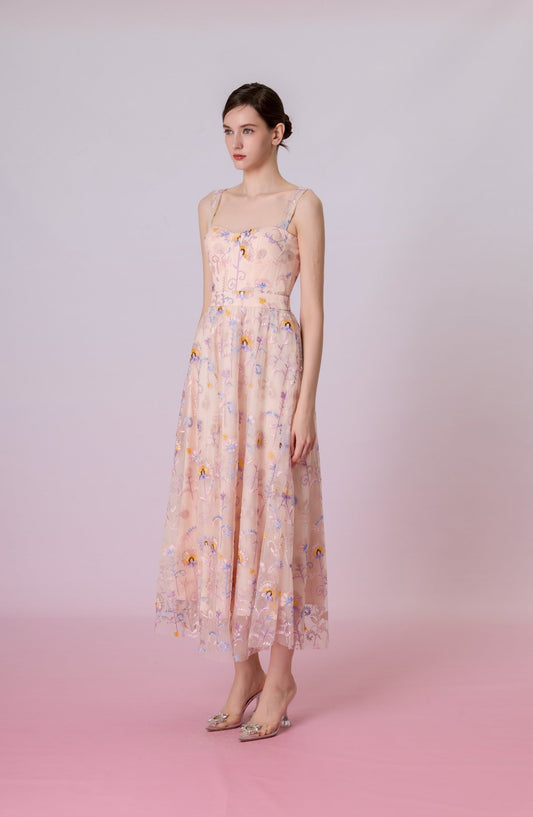 Fiorella Pink Floral Embroidered Tulle Maxi Dress - Nimisski