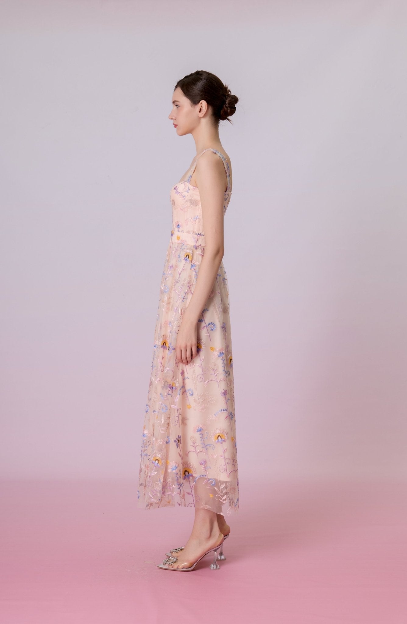 Fiorella Pink Floral Embroidered Tulle Maxi Dress