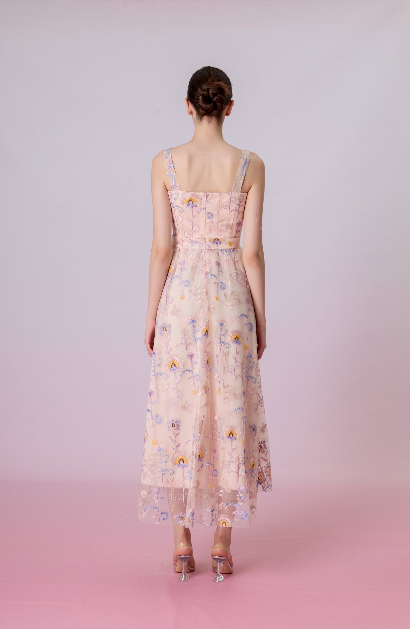 Fiorella Pink Floral Embroidered Tulle Maxi Dress