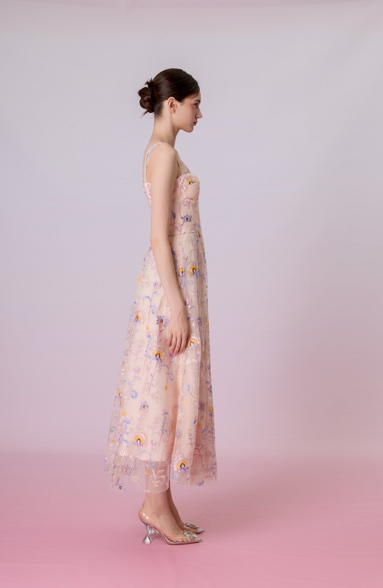 Fiorella Pink Floral Embroidered Tulle Maxi Dress