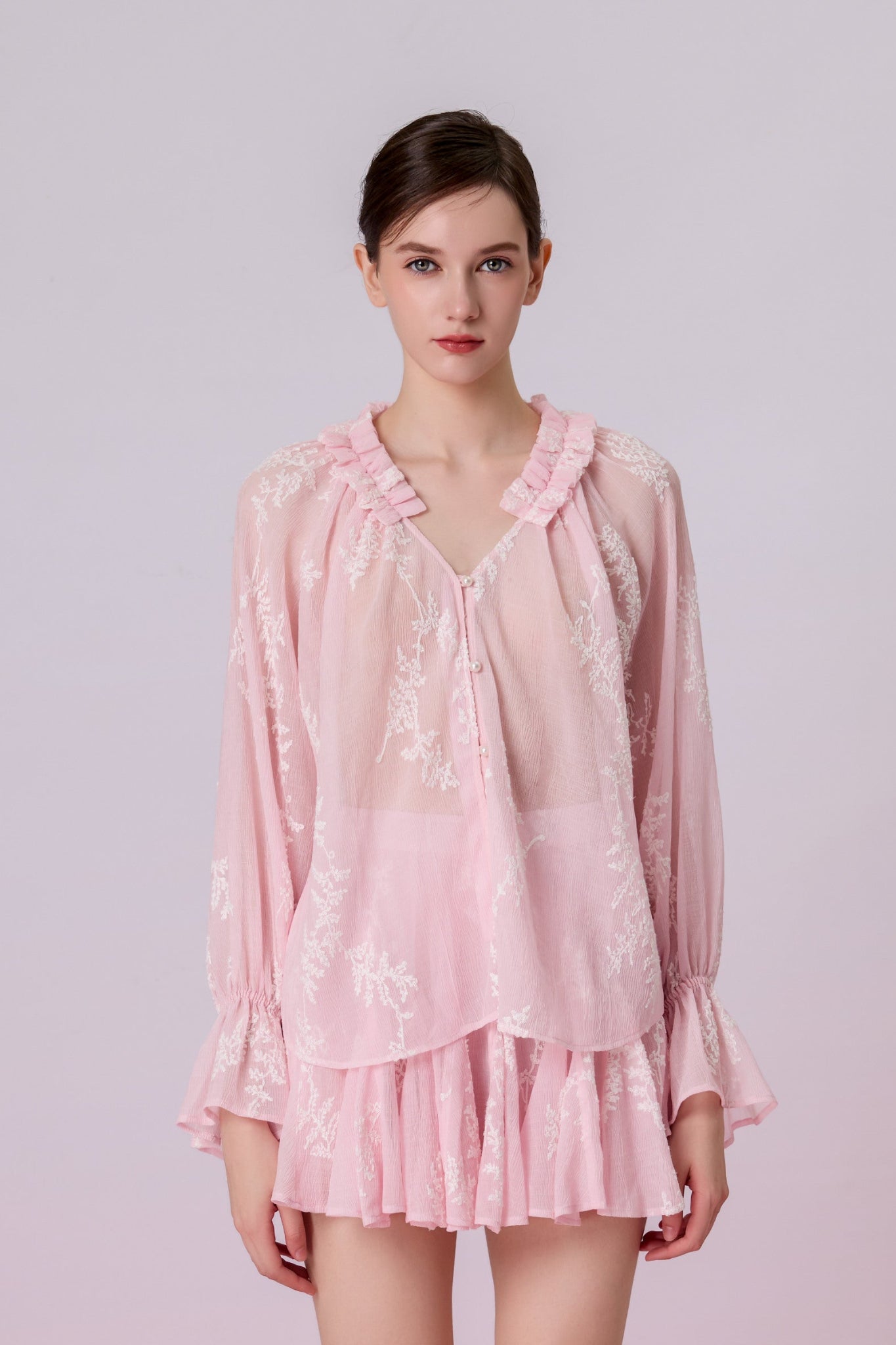 Kinzley Blush Pink Sheer Floral Embroidered Ruffle Top - Nimisski