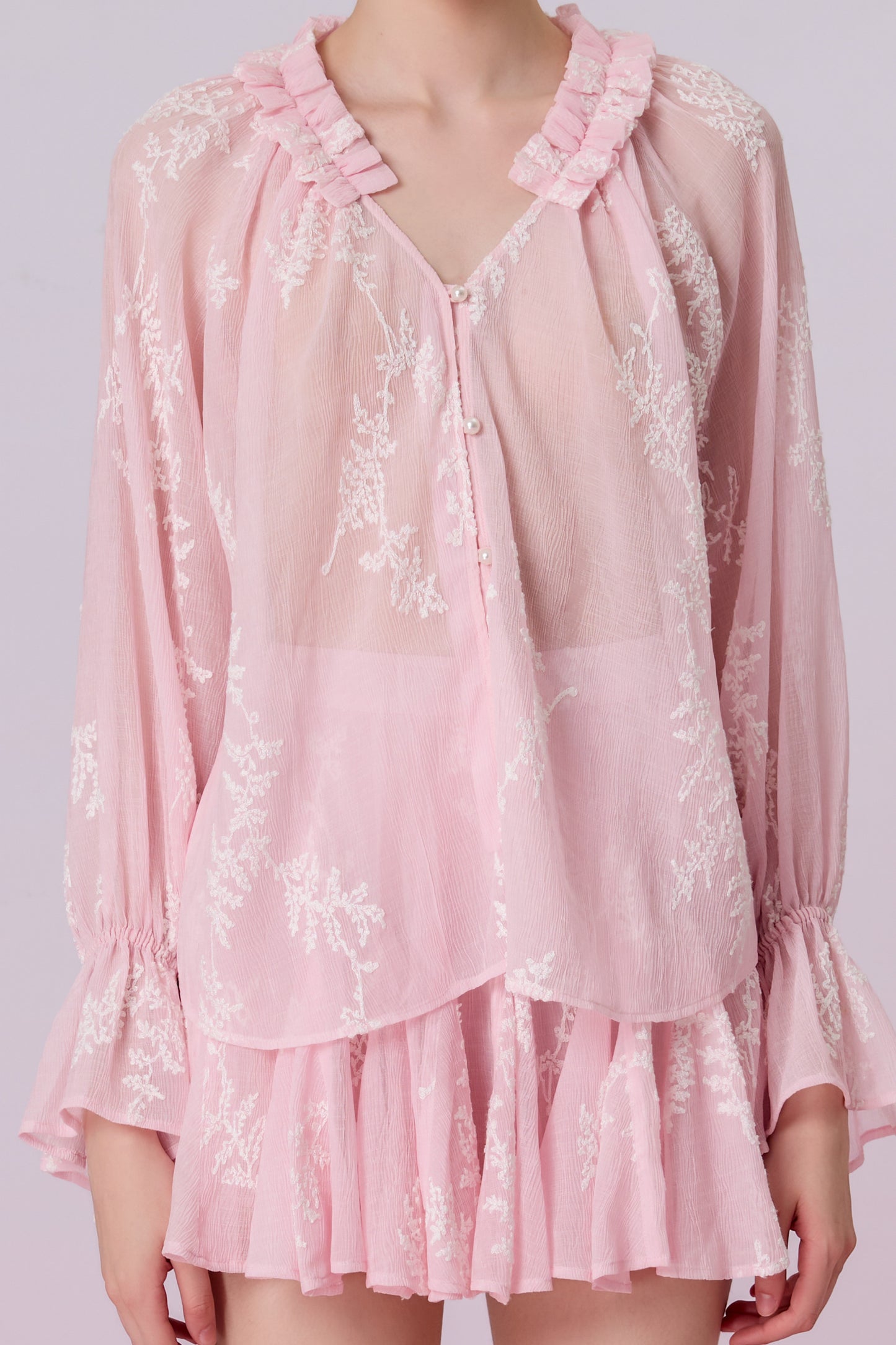 Kinzley Blush Pink Sheer Floral Embroidered Ruffle Top