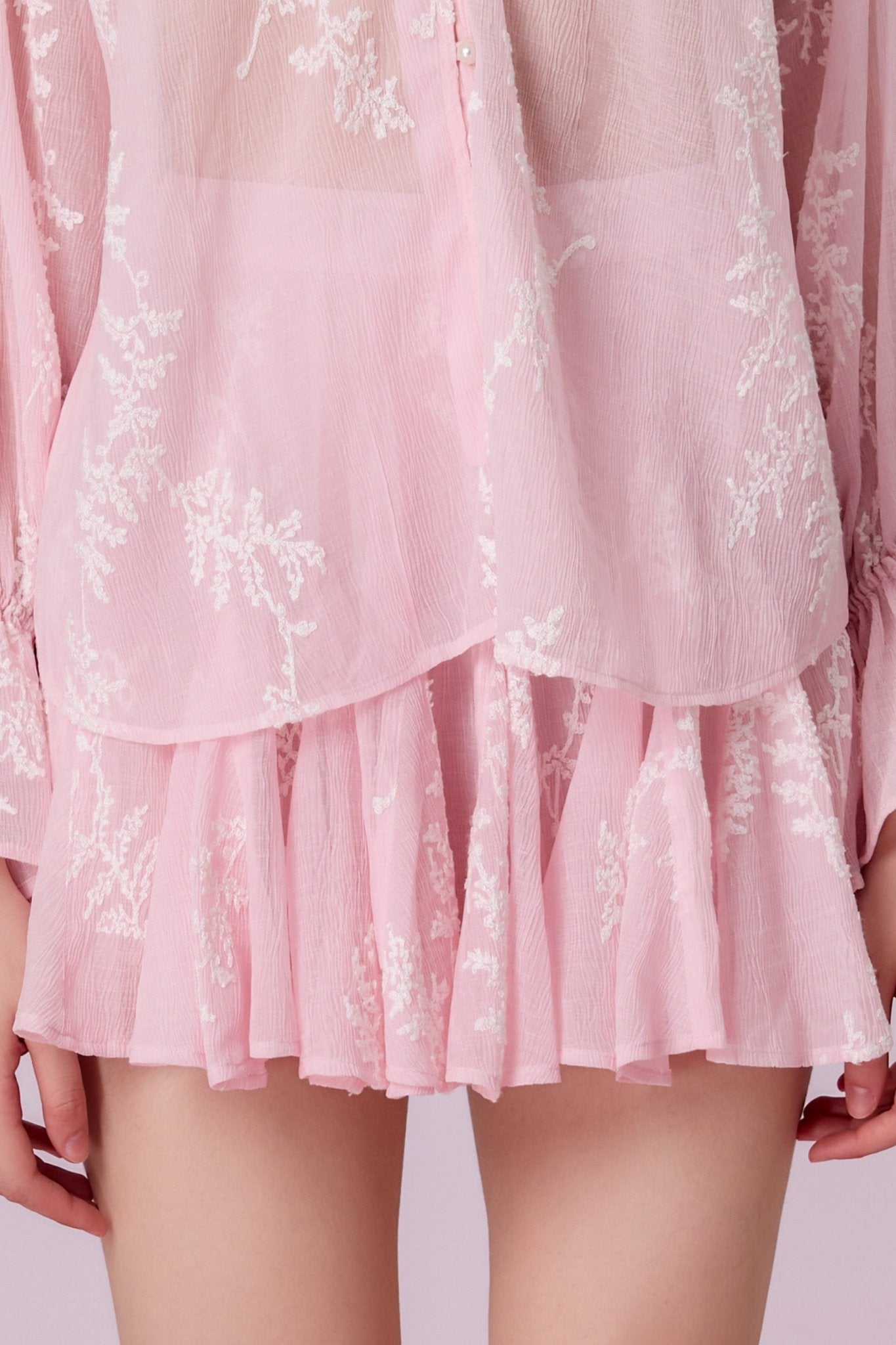 Kinzley Blush Pink Sheer Floral Embroidered Mini Skirt - Nimisski