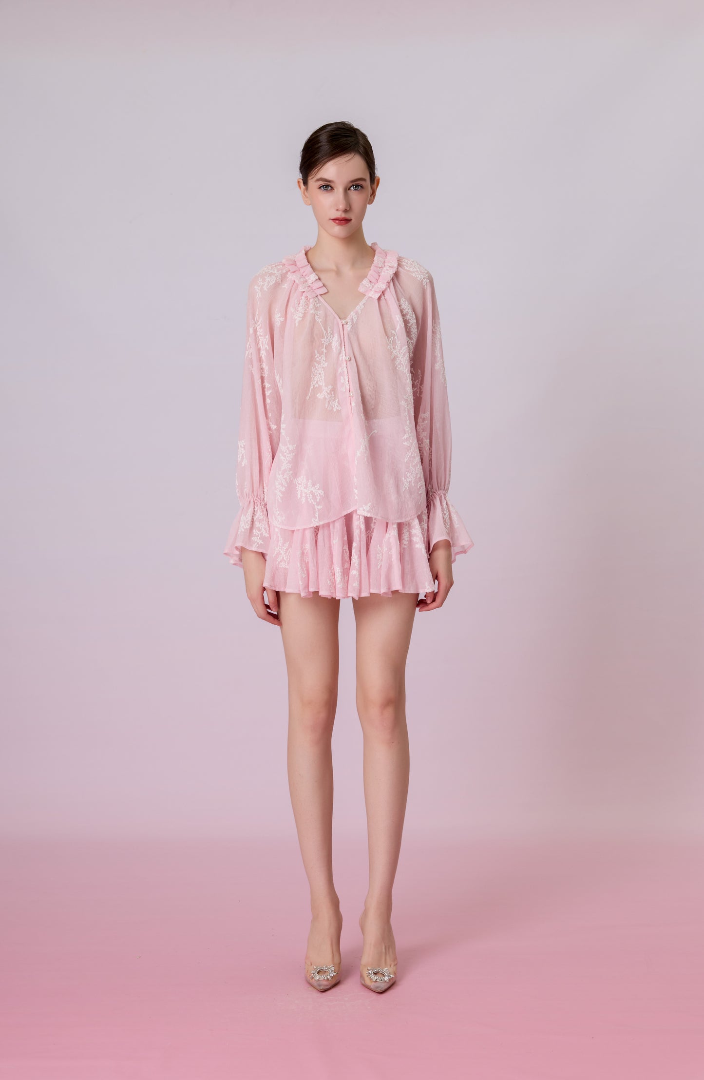 Kinzley Blush Pink Sheer Floral Embroidered Ruffle Top
