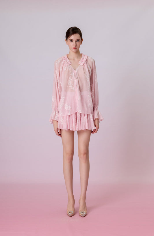 Kinzley Blush Pink Sheer Floral Embroidered Ruffle Top - Nimisski