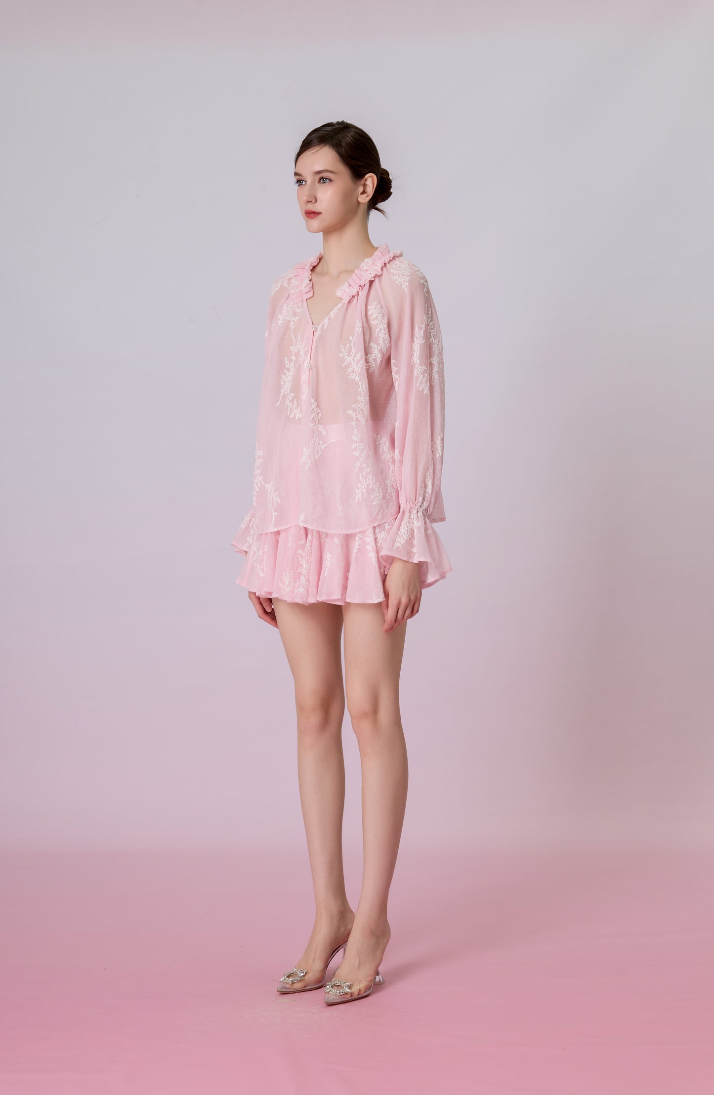 Kinzley Blush Pink Sheer Floral Embroidered Ruffle Top