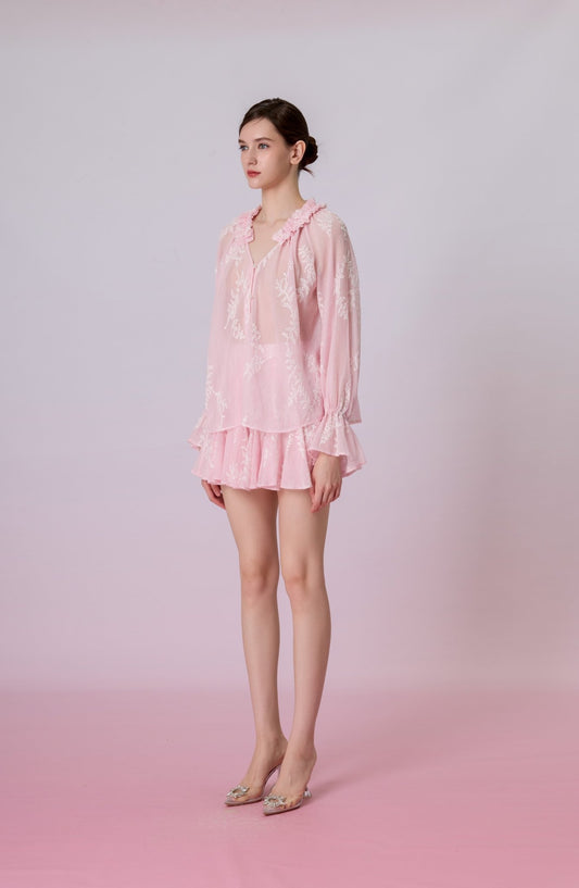 Kinzley Blush Pink Sheer Floral Embroidered Mini Skirt - Nimisski
