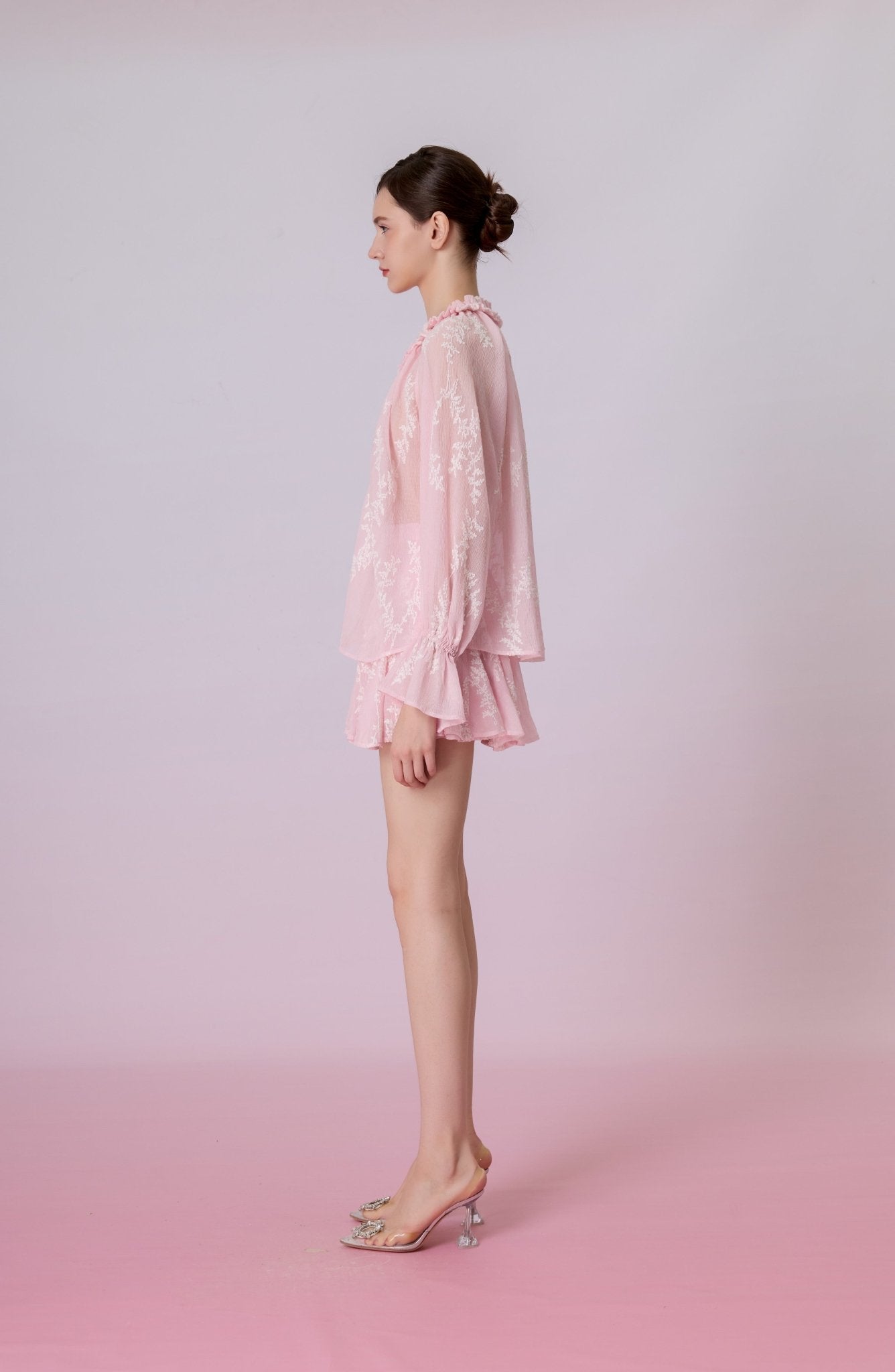 Kinzley Blush Pink Sheer Floral Embroidered Mini Skirt - Nimisski