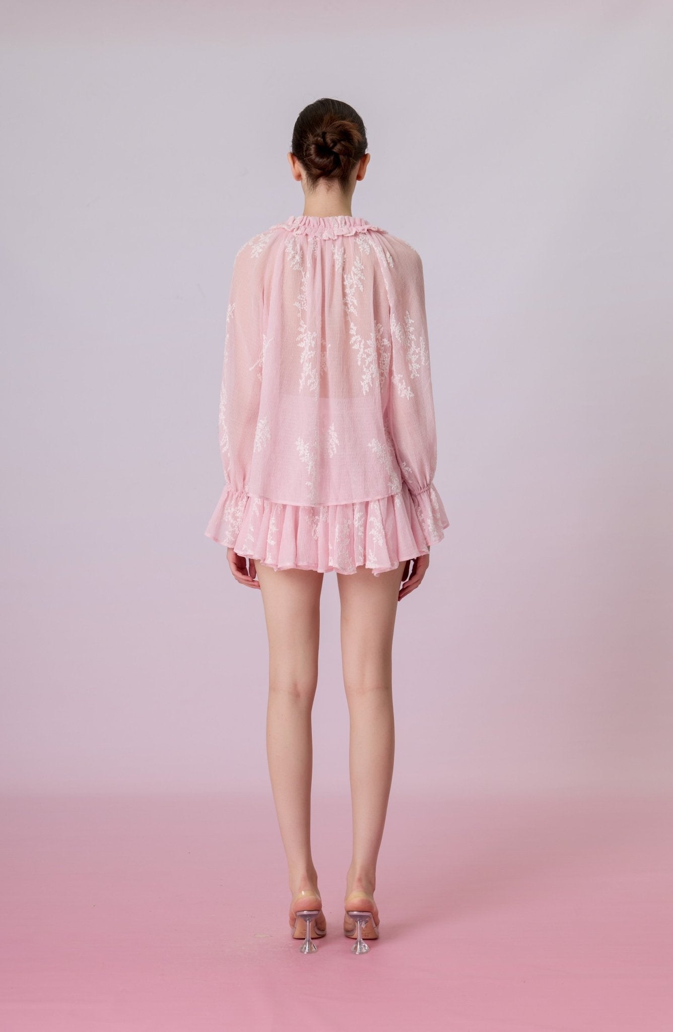 Kinzley Blush Pink Sheer Floral Embroidered Mini Skirt - Nimisski
