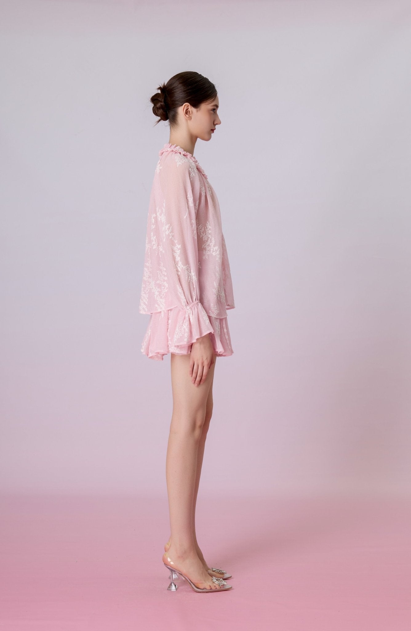 Kinzley Blush Pink Sheer Floral Embroidered Mini Skirt - Nimisski