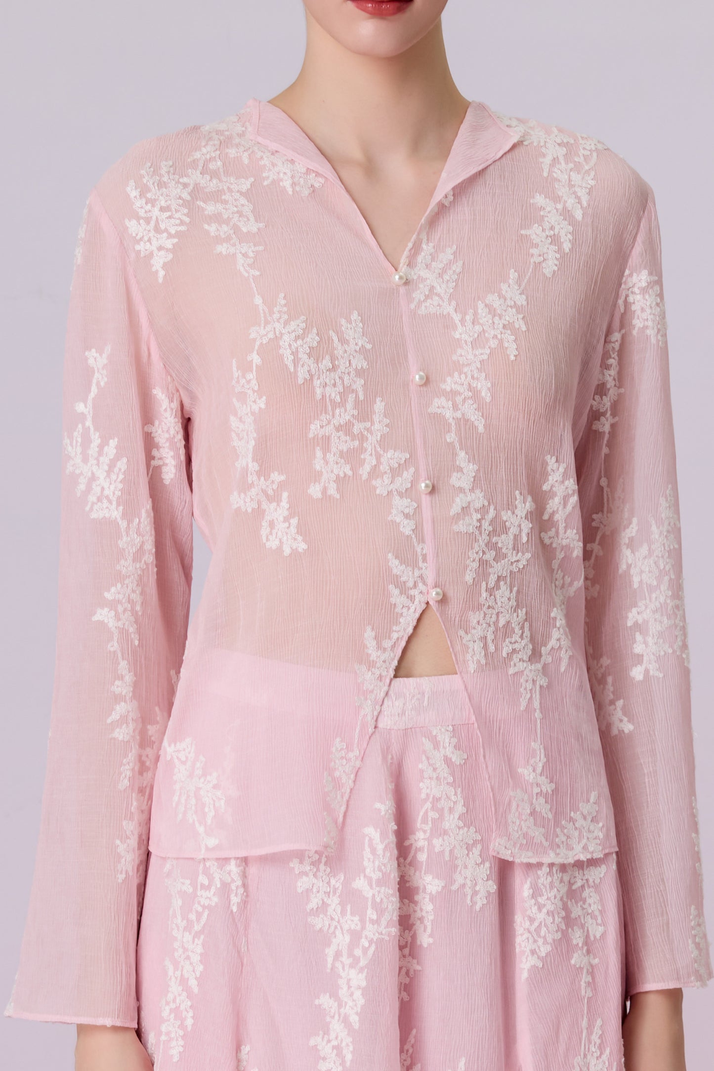 Karsyn Blush Pink Sheer Floral Embroidered Open-Front Top