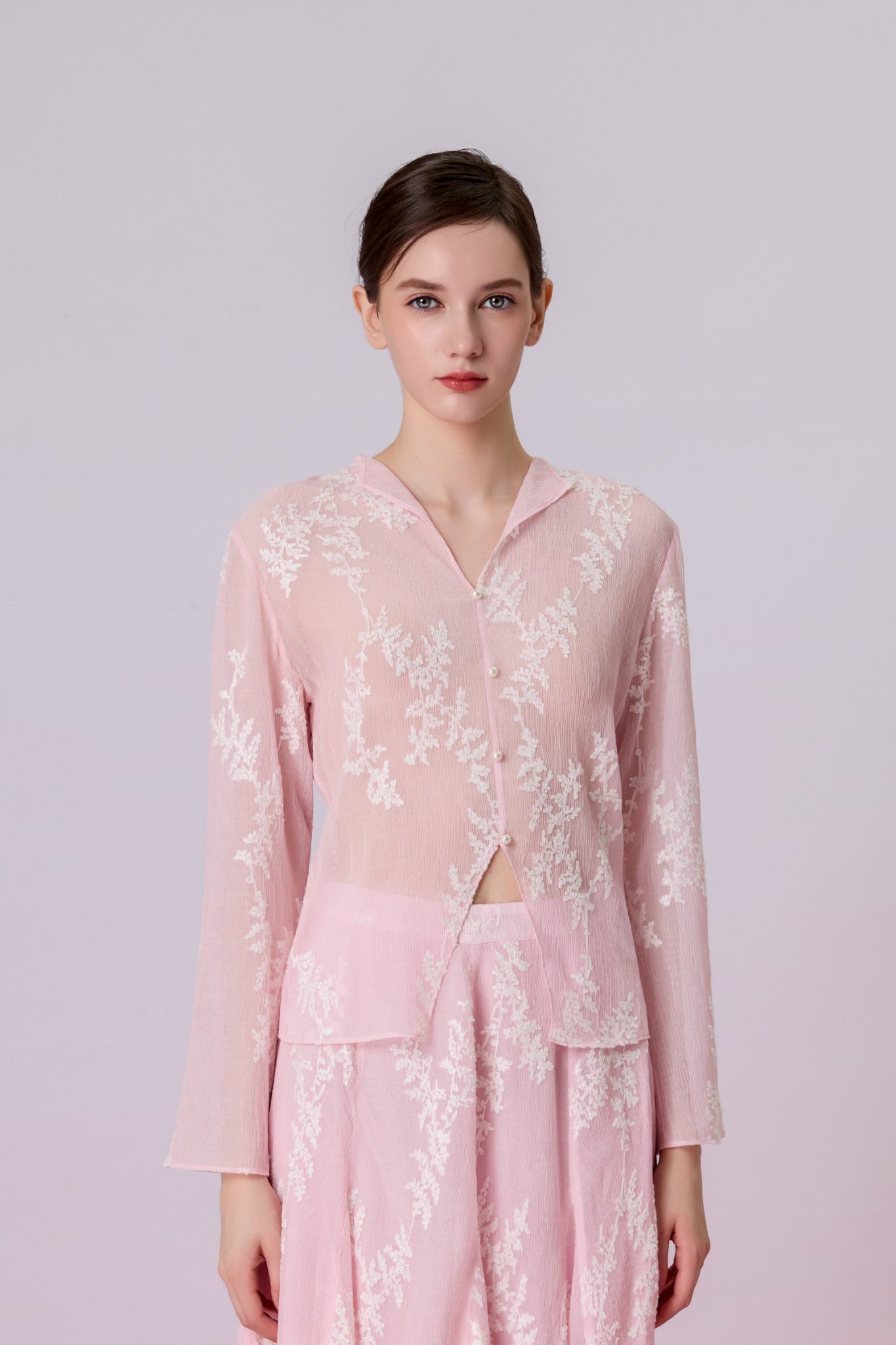 Karsyn Blush Pink Sheer Floral Embroidered Open-Front Top