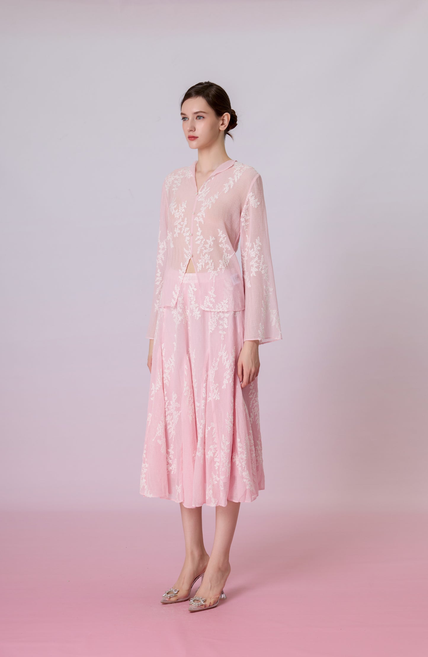 Karsyn Blush Pink Sheer Floral Embroidered A-Line Skirt